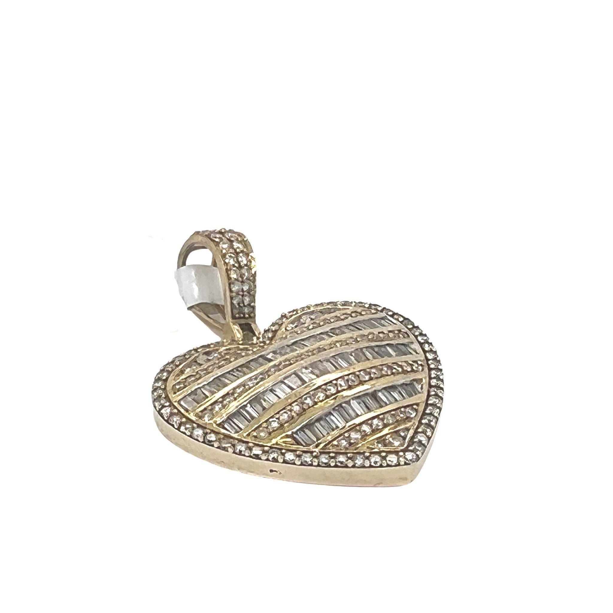 10K Yellow Gold Heart Baguette Diamond Pendant 2.18 CT 1.4"
