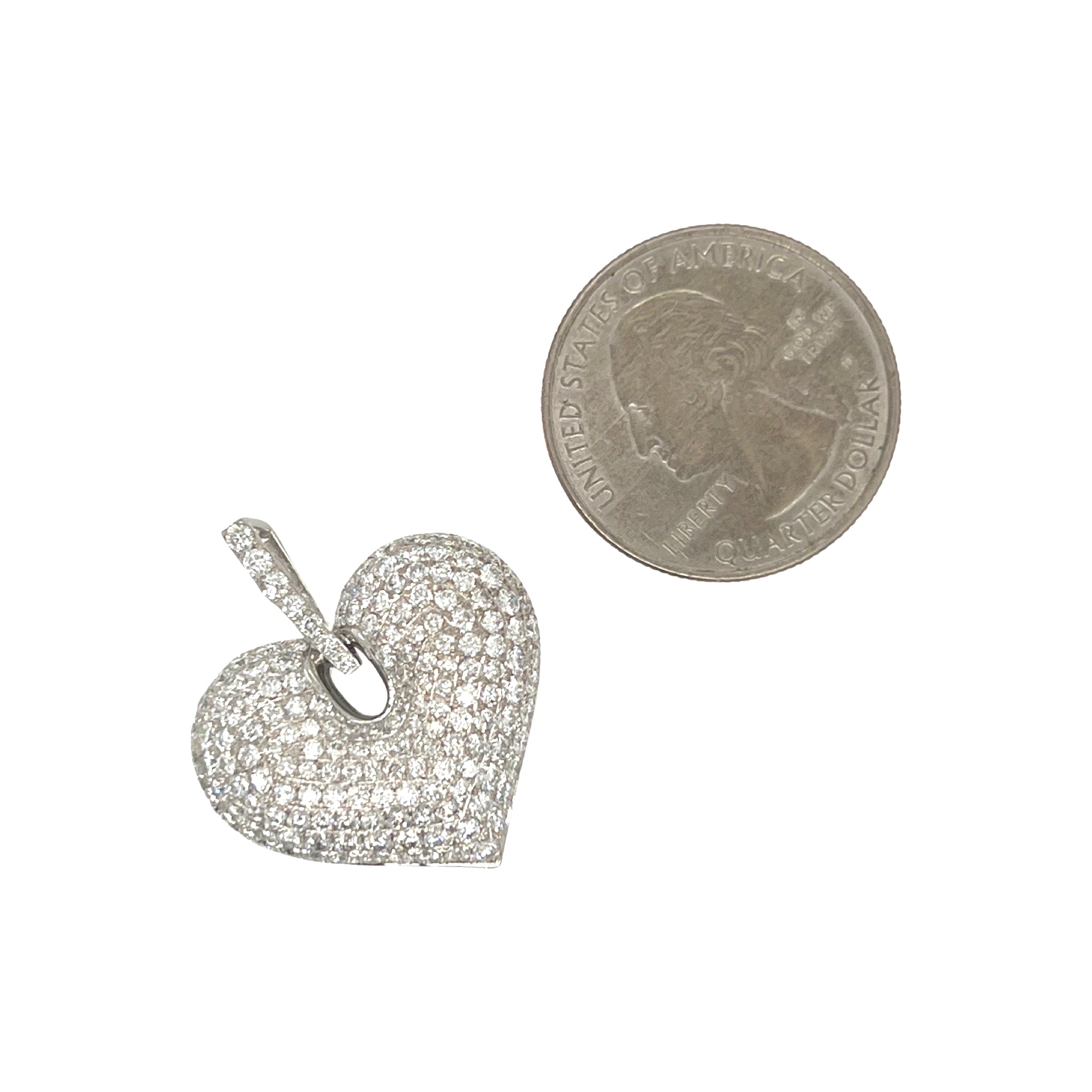 14K White Gold Puffed Heart VS Diamond Pendant 2.25 CT 1.1"