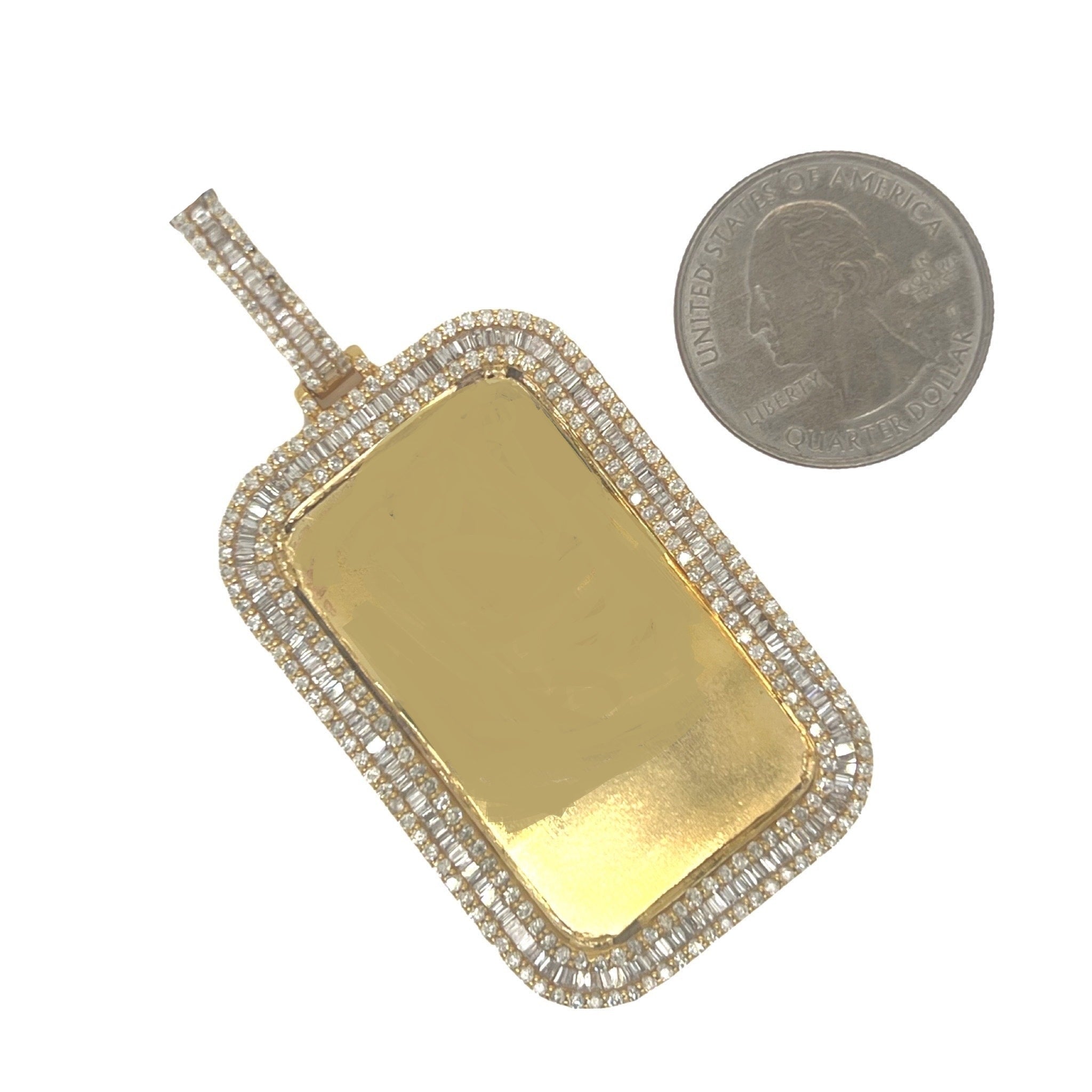 10K Yellow Gold Memory Frame Baguette Diamond Pendant 3.19 CT 2.7"