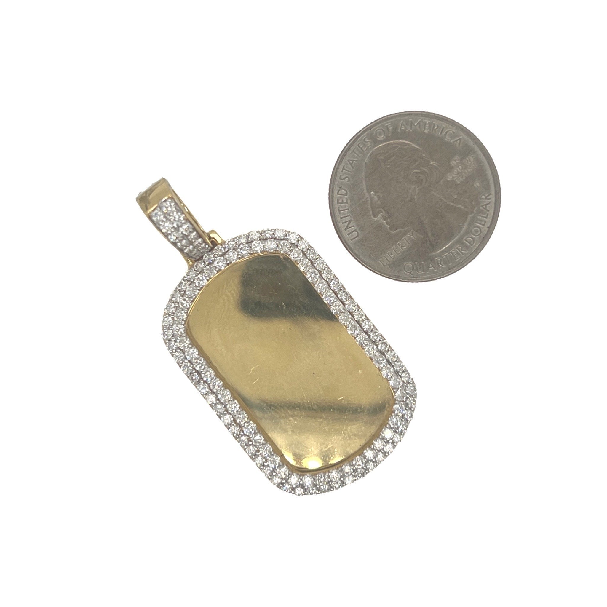 14K Yellow Gold Dog Tag Memory Frame VS Diamond Pendant 2.35 CT 1.9"