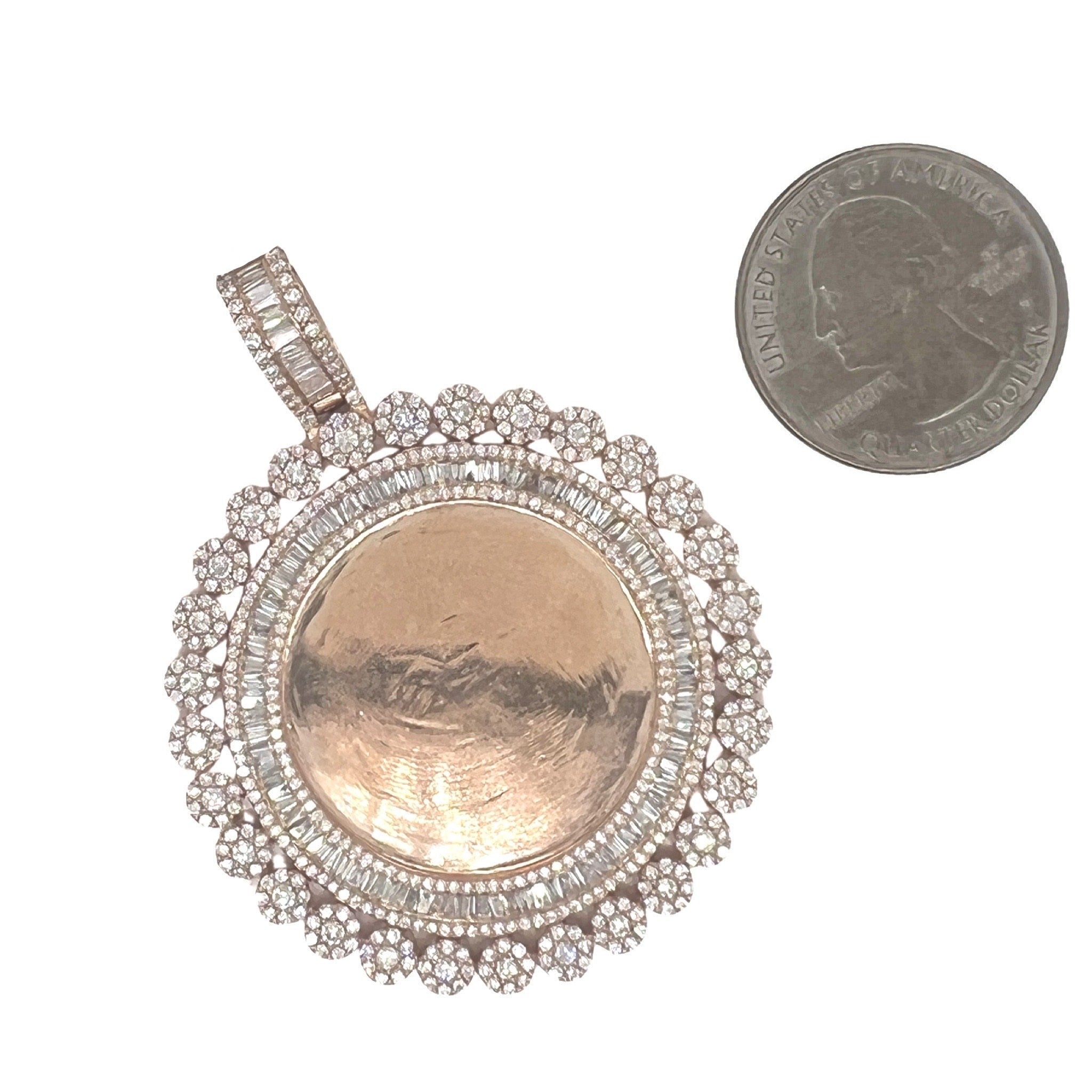 10K Rose Gold Memory Frame Cluster Baguette Diamond Pendant 5.94 CT 2.6"