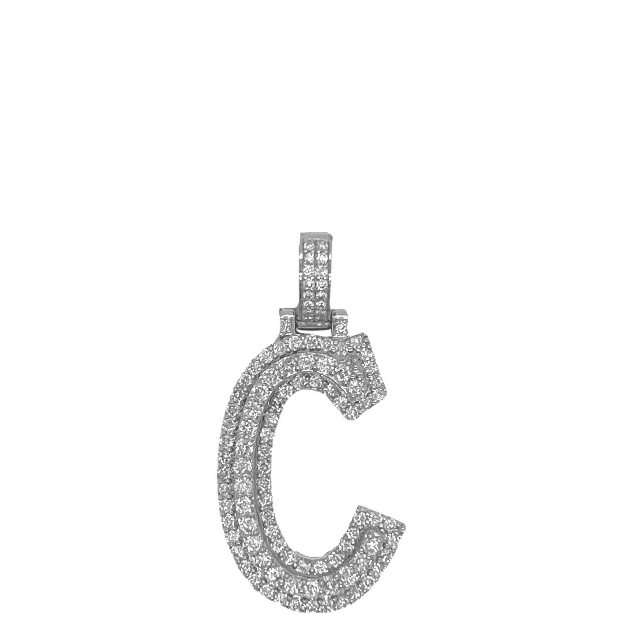 10K White Gold 3D Letter C Initial Diamond Pendant 1.34 CT 1.5"