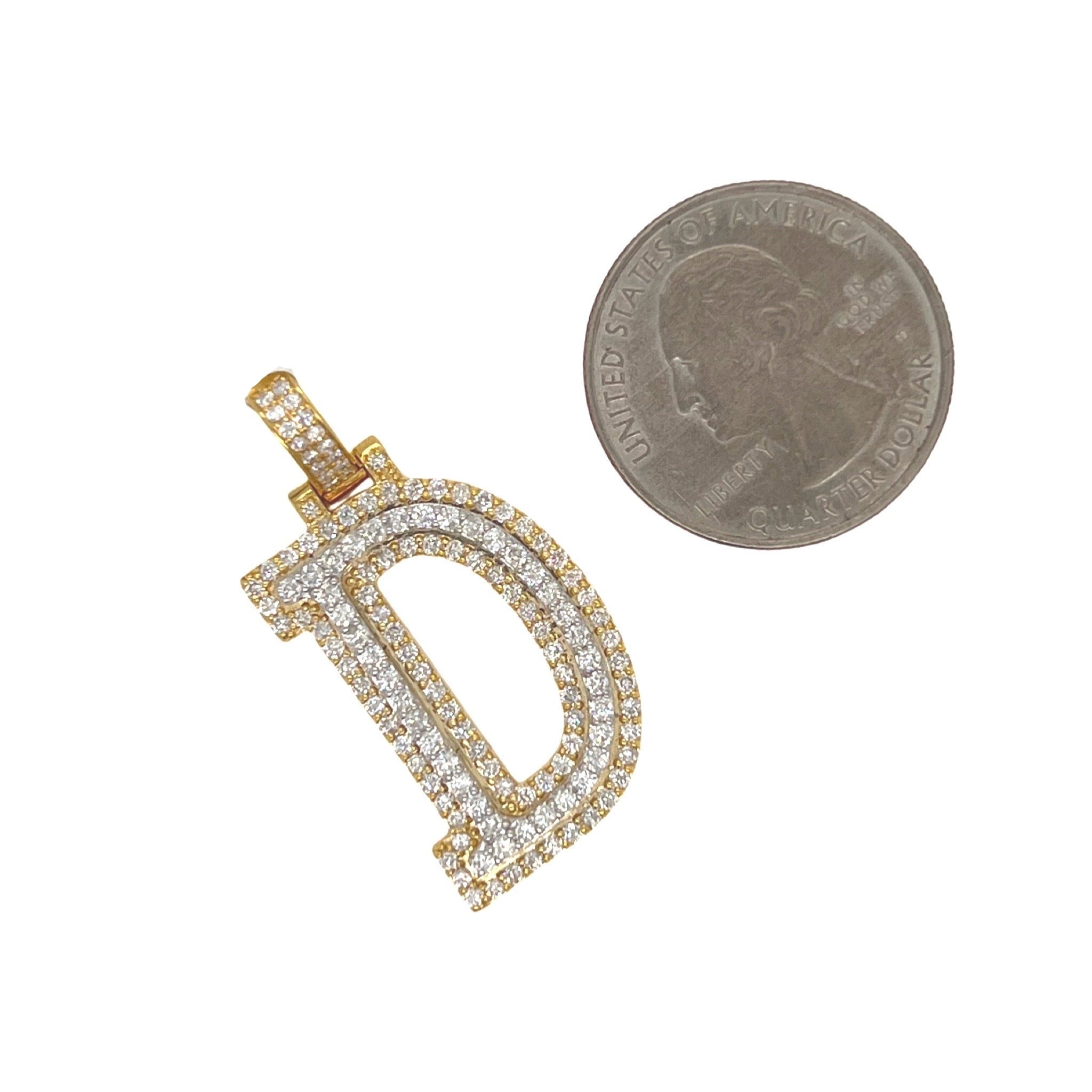 10K Yellow White Gold 3D Letter D Initial Diamond Pendant 1.51 CT 1.5"