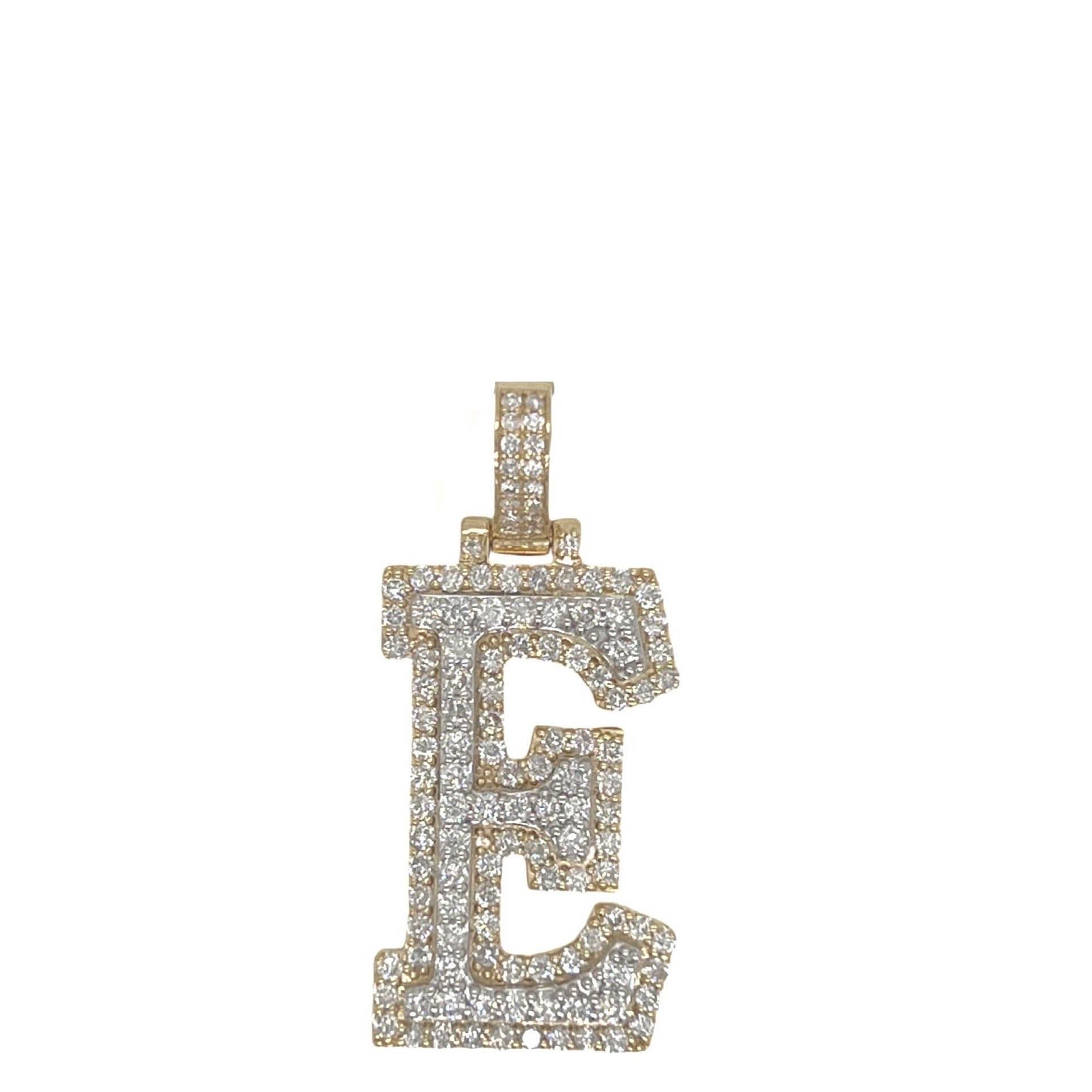 10K Yellow White Gold 3D Letter E Initial Diamond Pendant 1.72 CT 1.5"