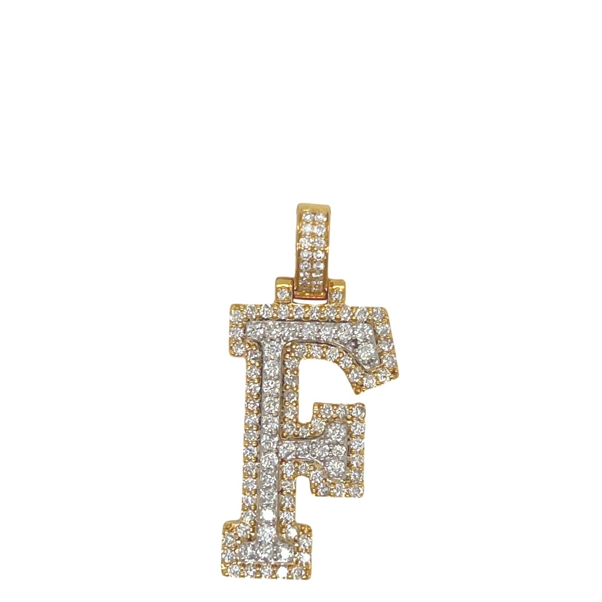 10K Yellow White Gold 3D Letter F Initial Diamond Pendant 1.41 CT 1.5"