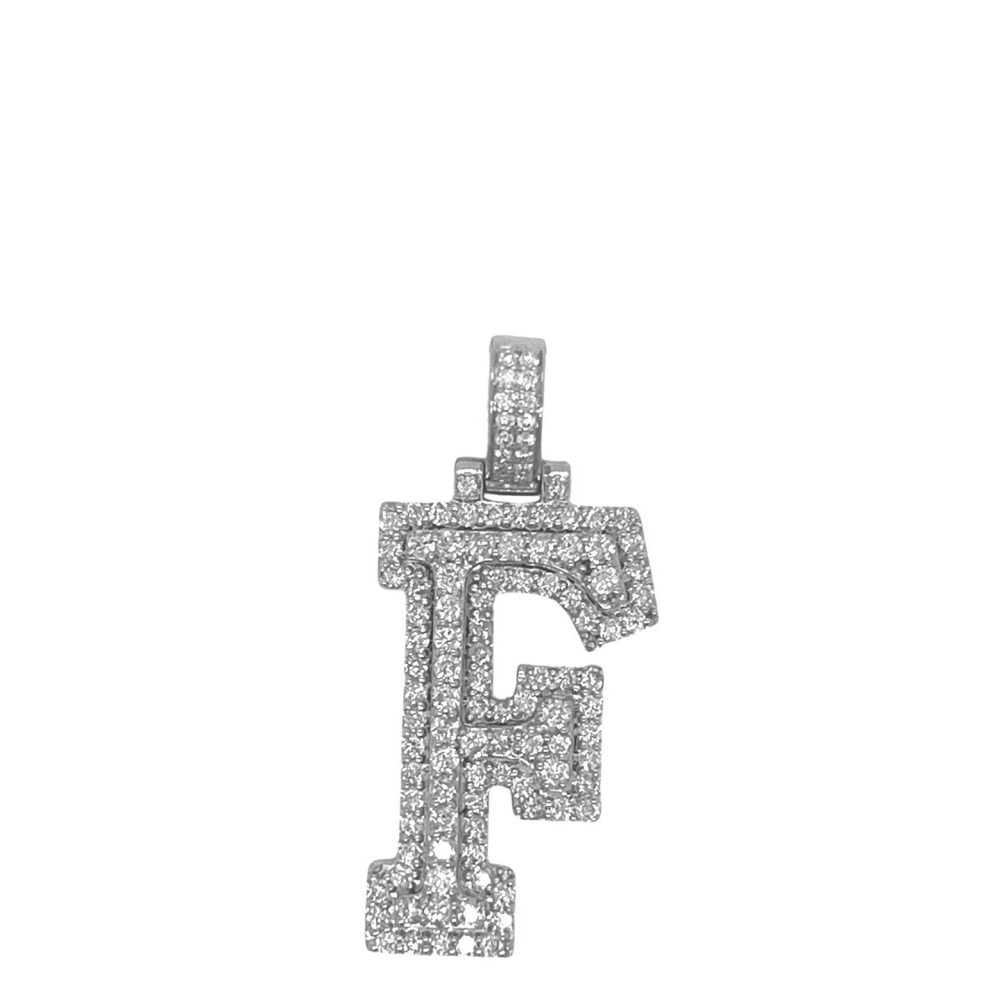 10K White Gold 3D Letter F Initial Diamond Pendant 1.41 CT 1.5"