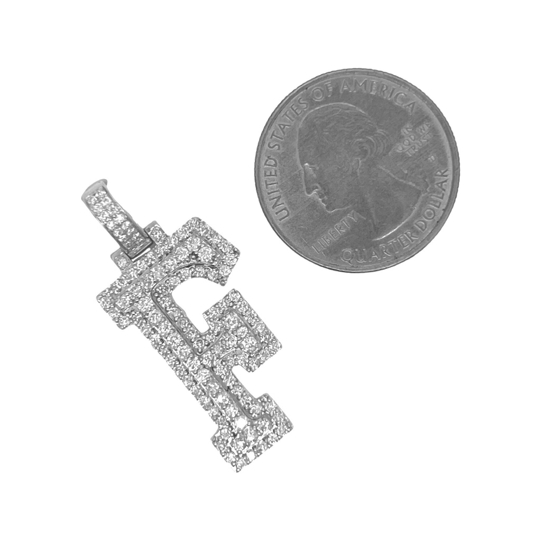 10K White Gold 3D Letter F Initial Diamond Pendant 1.41 CT 1.5"