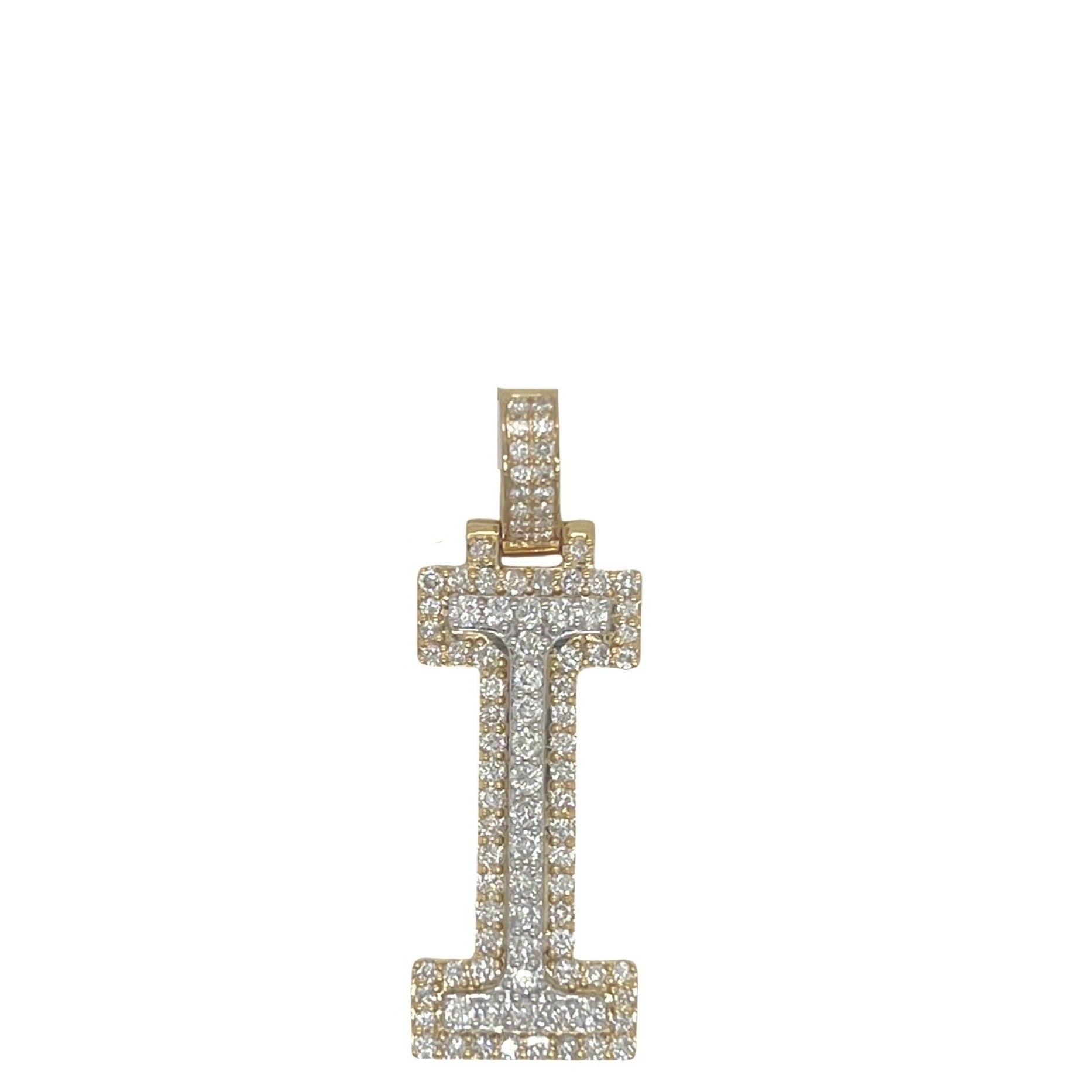 10K Yellow White Gold 3D Letter I Initial Diamond Pendant 1.15 CT 1.5"
