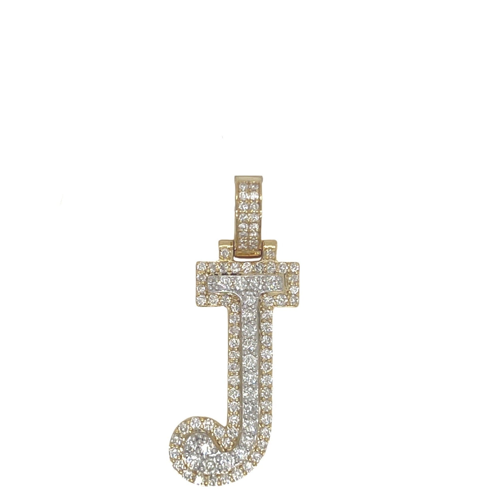 10K Yellow White Gold 3D Letter J Initial Diamond Pendant 1.16 CT 1.5"