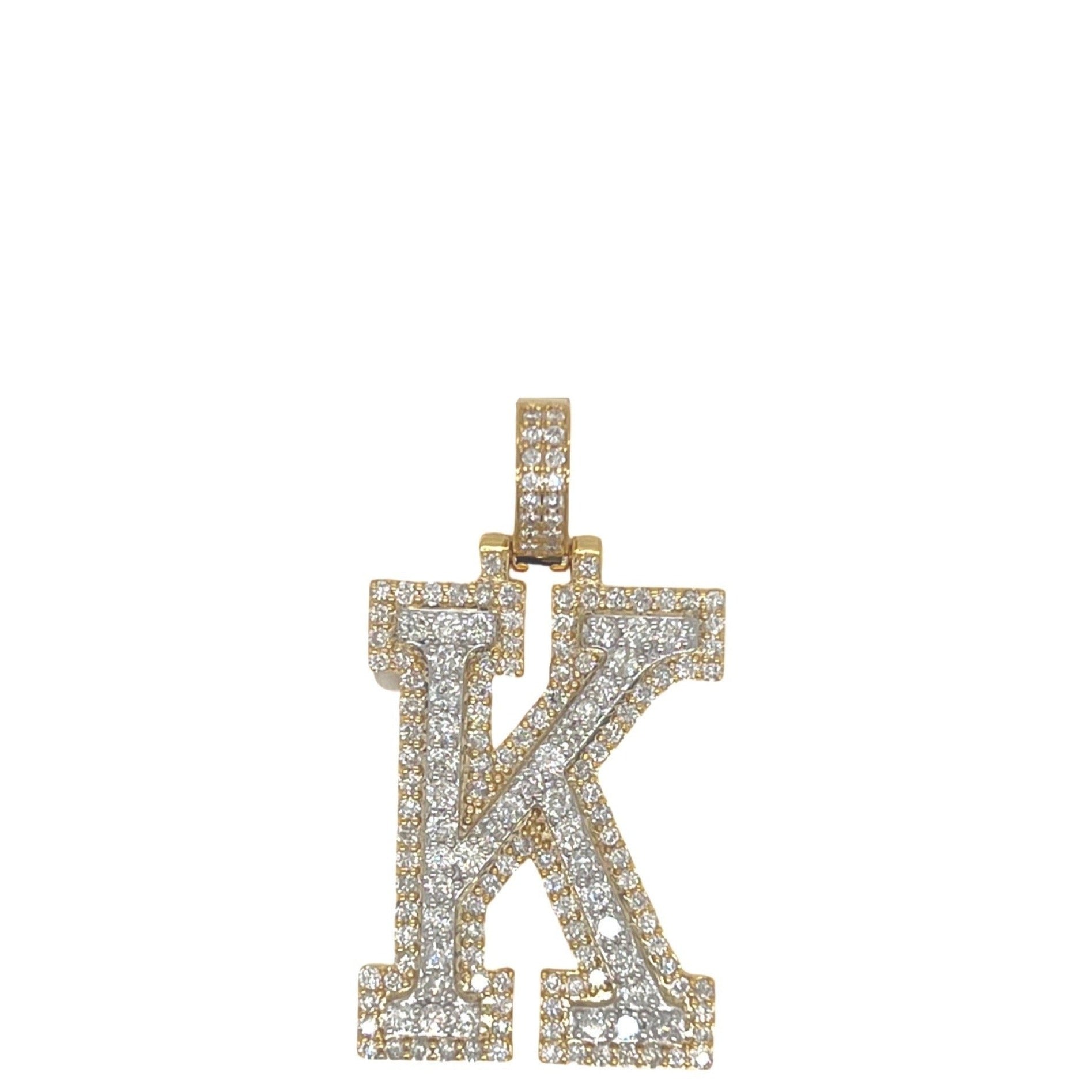 10K Yellow White Gold 3D Letter K Initial Diamond Pendant 1.78 CT 1.5"