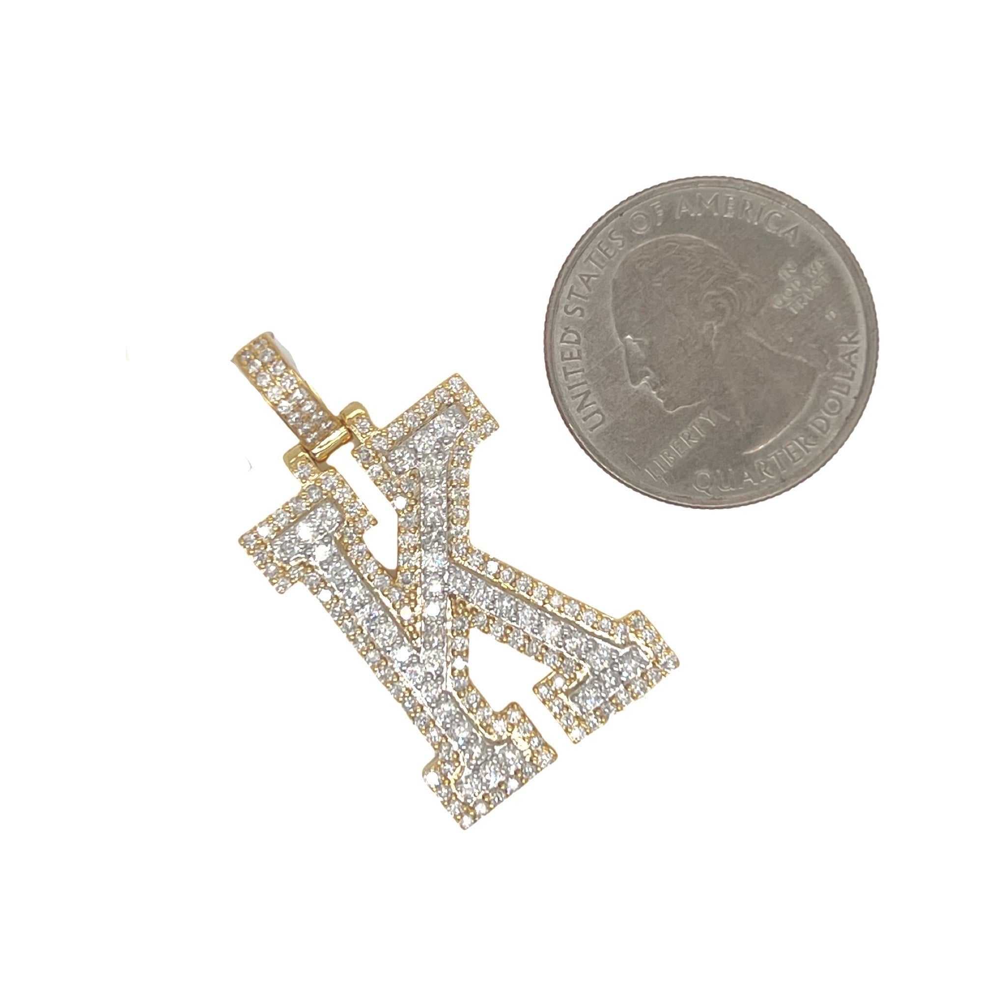 10K Yellow White Gold 3D Letter K Initial Diamond Pendant 1.78 CT 1.5"