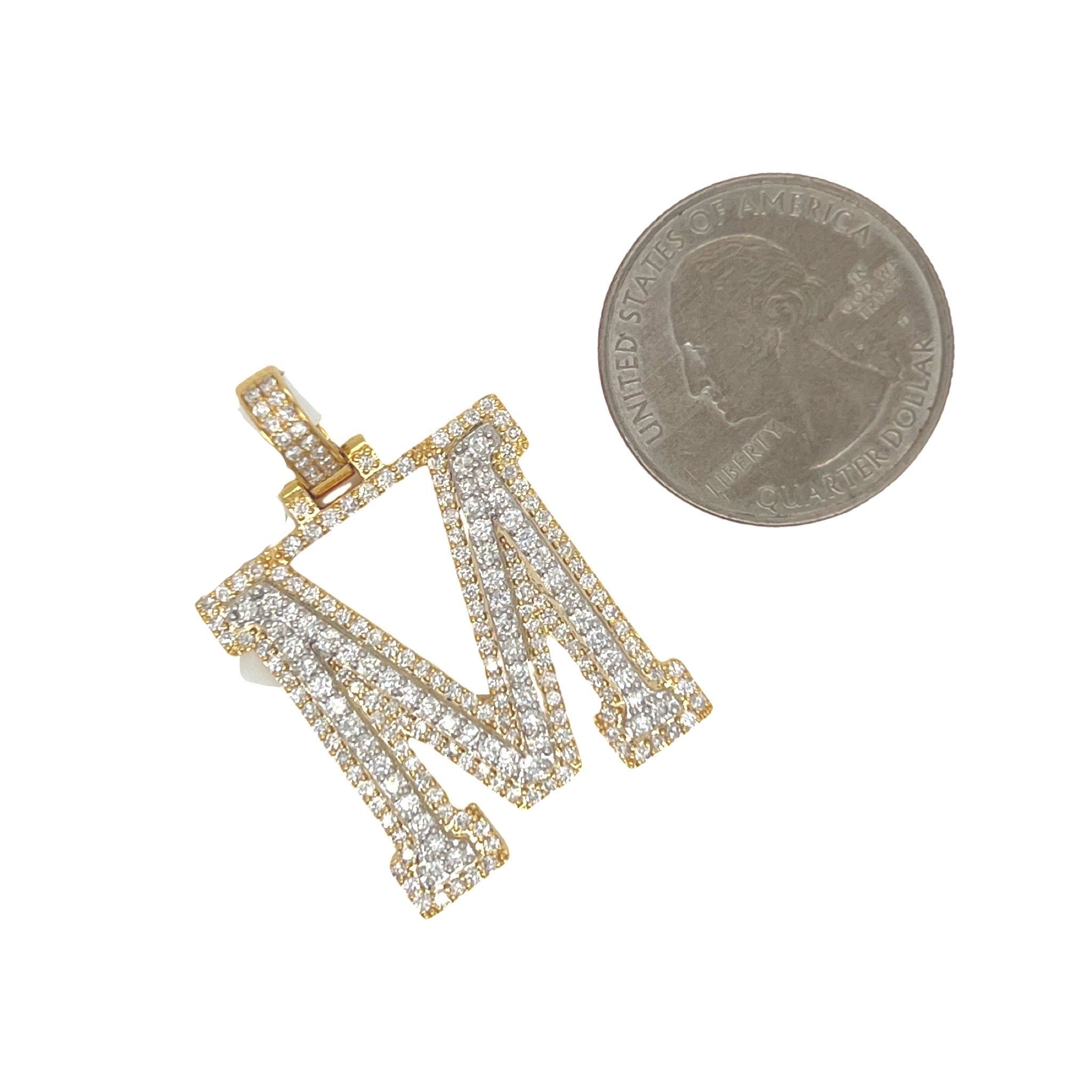 10K Yellow White Gold 3D Letter M Initial Diamond Pendant 1.9 CT 1.5"