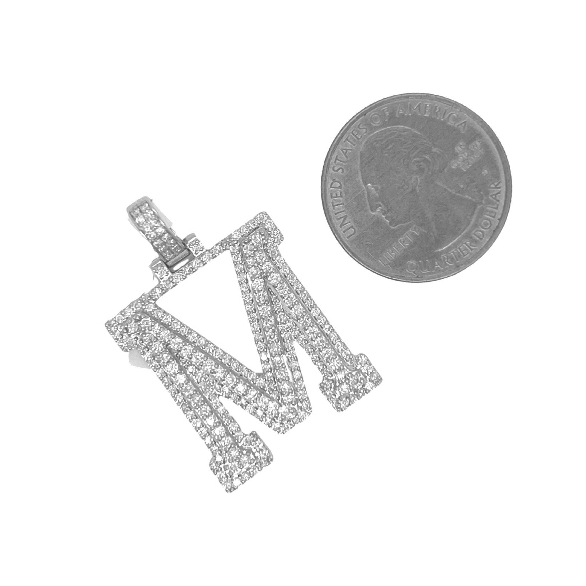 10K White Gold 3D Letter M Initial Diamond Pendant 1.9 CT 1.5"