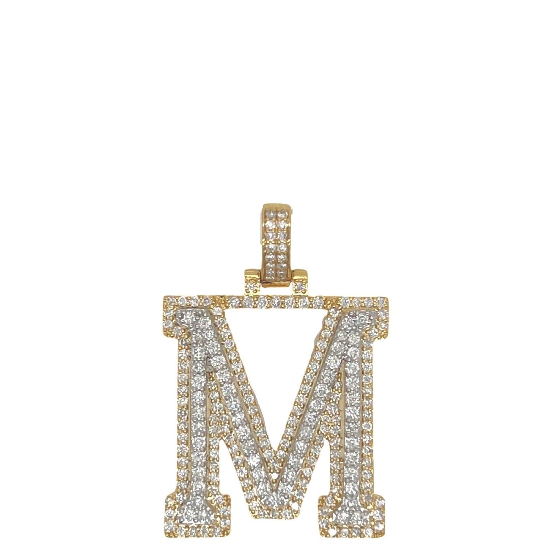 10K Yellow White Gold 3D Letter M Initial Diamond Pendant 1.9 CT 1.5"