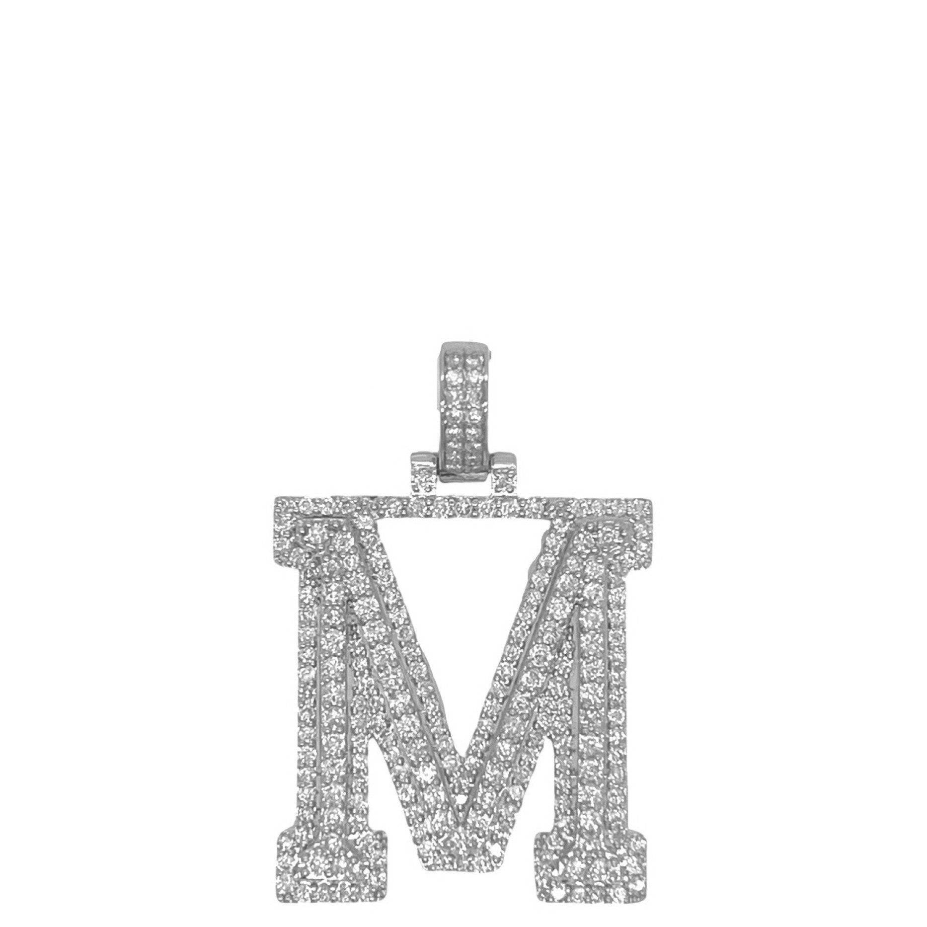 10K White Gold 3D Letter M Initial Diamond Pendant 1.9 CT 1.5"
