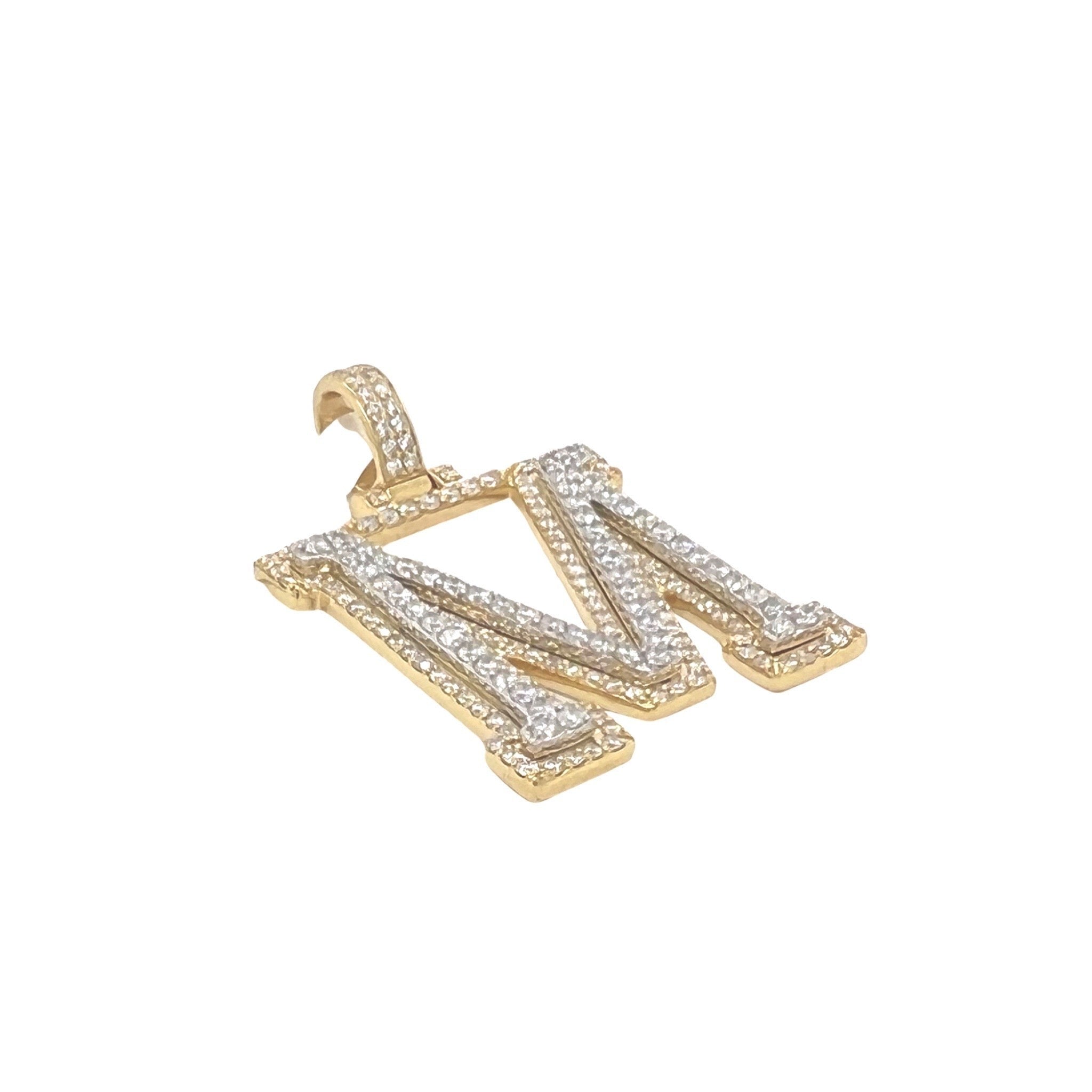 10K Yellow White Gold 3D Letter M Initial Diamond Pendant 1.9 CT 1.5"