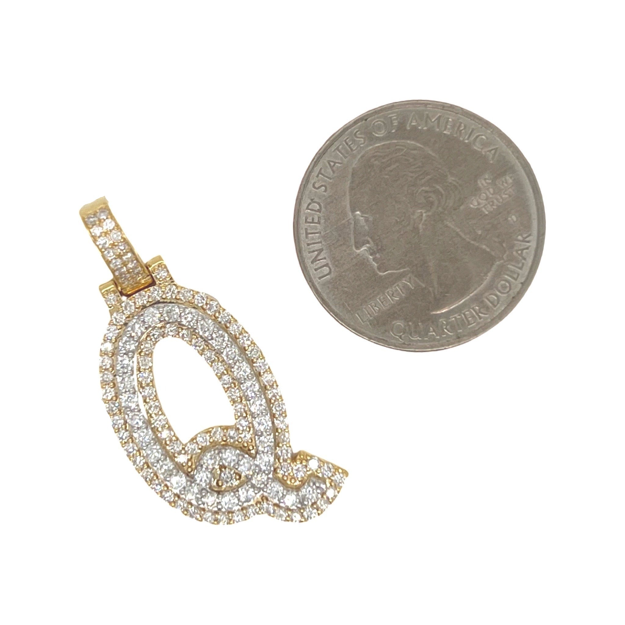 10K Yellow White Gold 3D Letter Q Initial Diamond Pendant 1.44 CT 1.5"
