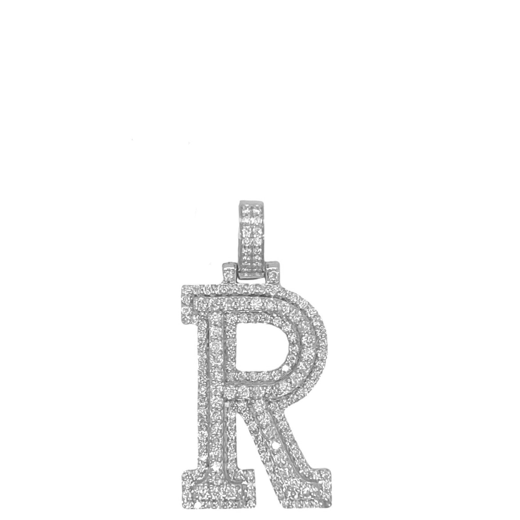 10K White Gold 3D Letter R Initial Diamond Pendant 1.44 CT 1.5"
