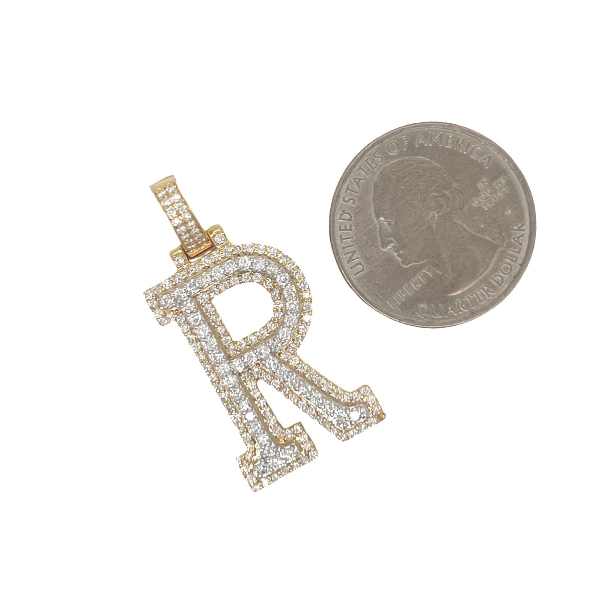 10K Yellow White Gold 3D Letter R Initial Diamond Pendant 1.44 CT 1.5"