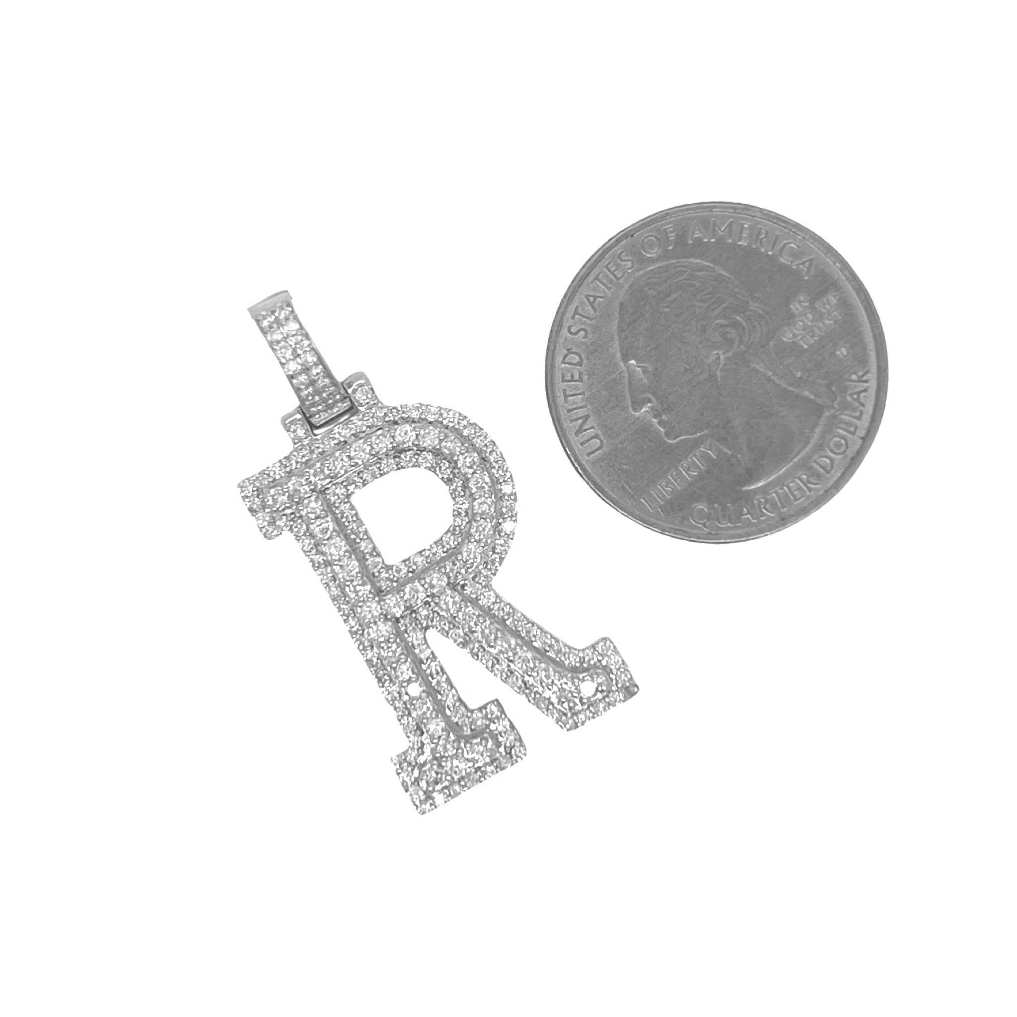 10K White Gold 3D Letter R Initial Diamond Pendant 1.44 CT 1.5"