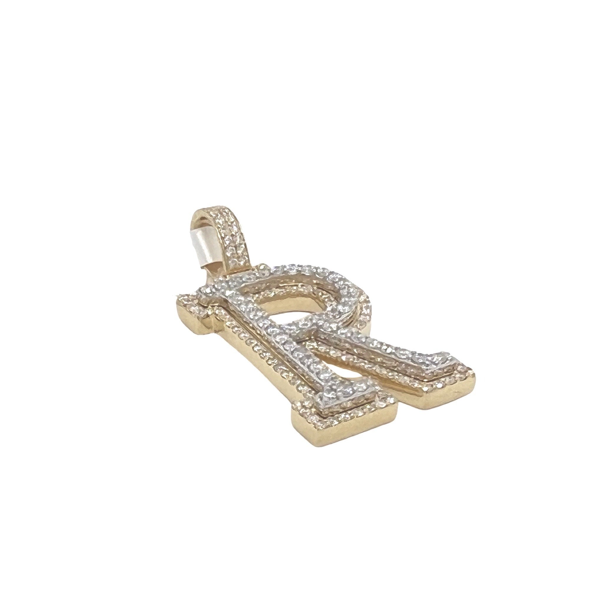 10K Yellow White Gold 3D Letter R Initial Diamond Pendant 1.44 CT 1.5"
