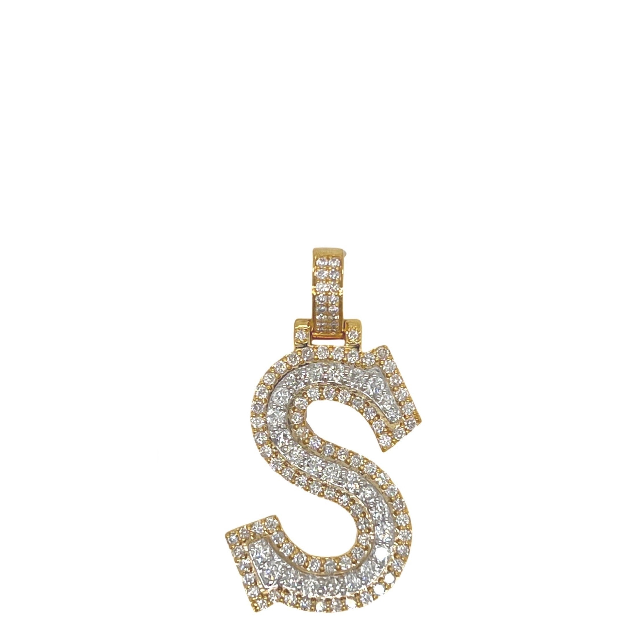 10K Yellow White Gold 3D Letter S Initial Diamond Pendant 1.67 CT 1.5"
