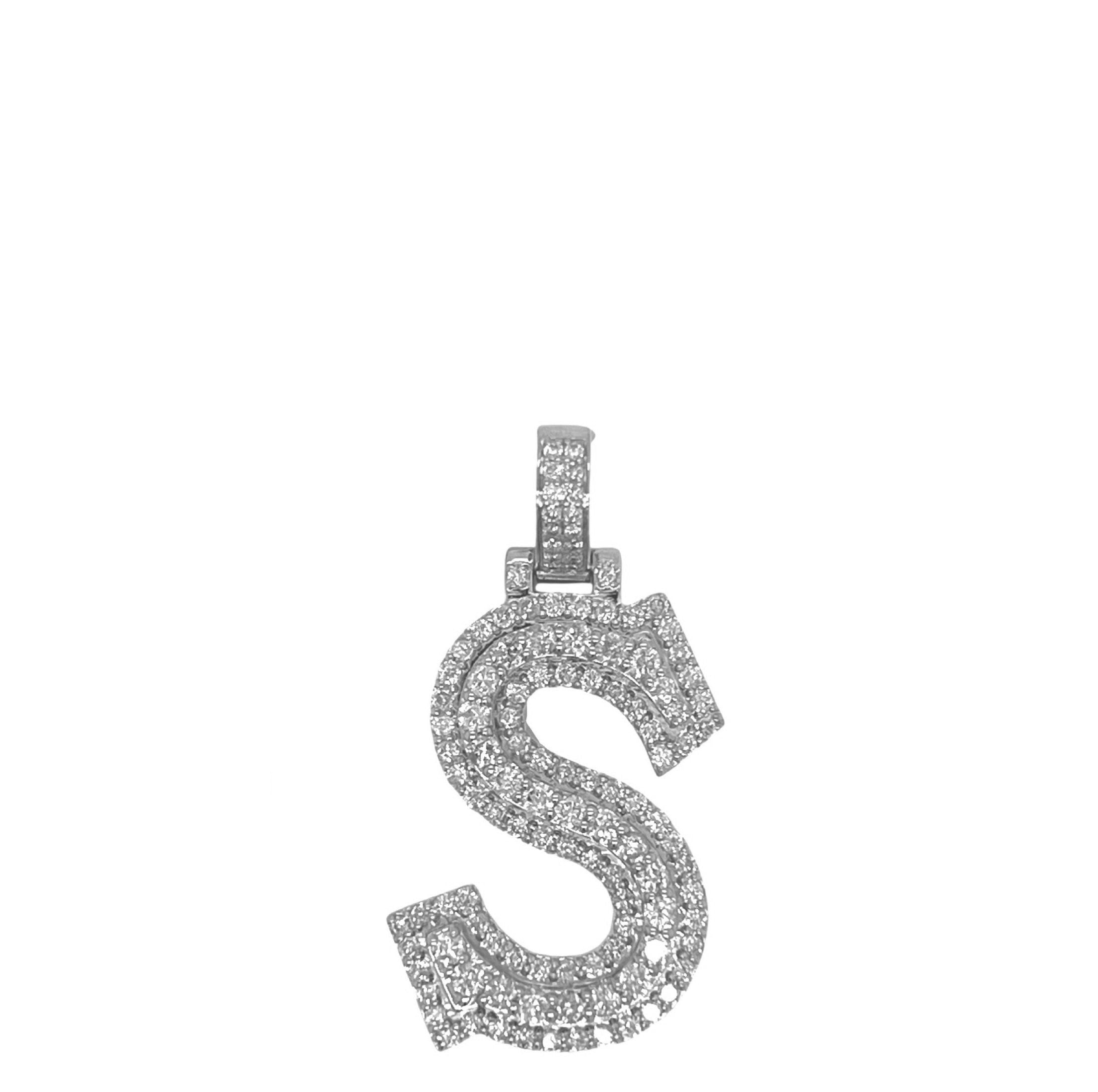 10K White Gold 3D Letter S Initial Diamond Pendant 1.67 CT 1.5"