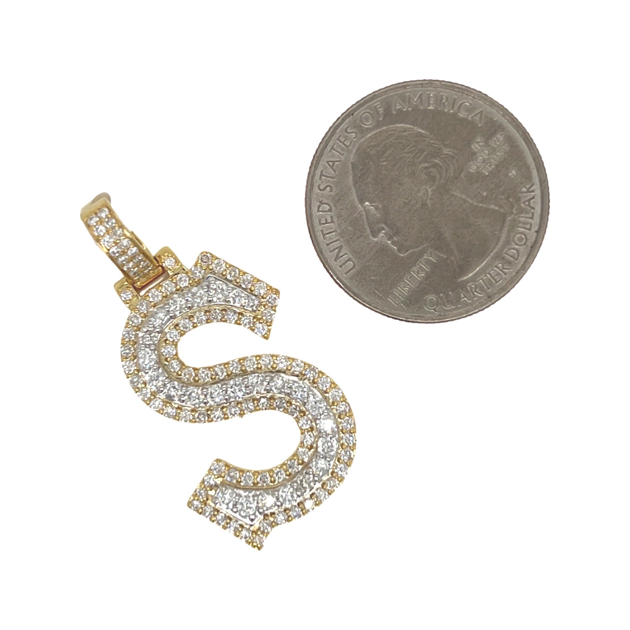 10K Yellow White Gold 3D Letter S Initial Diamond Pendant 1.67 CT 1.5"
