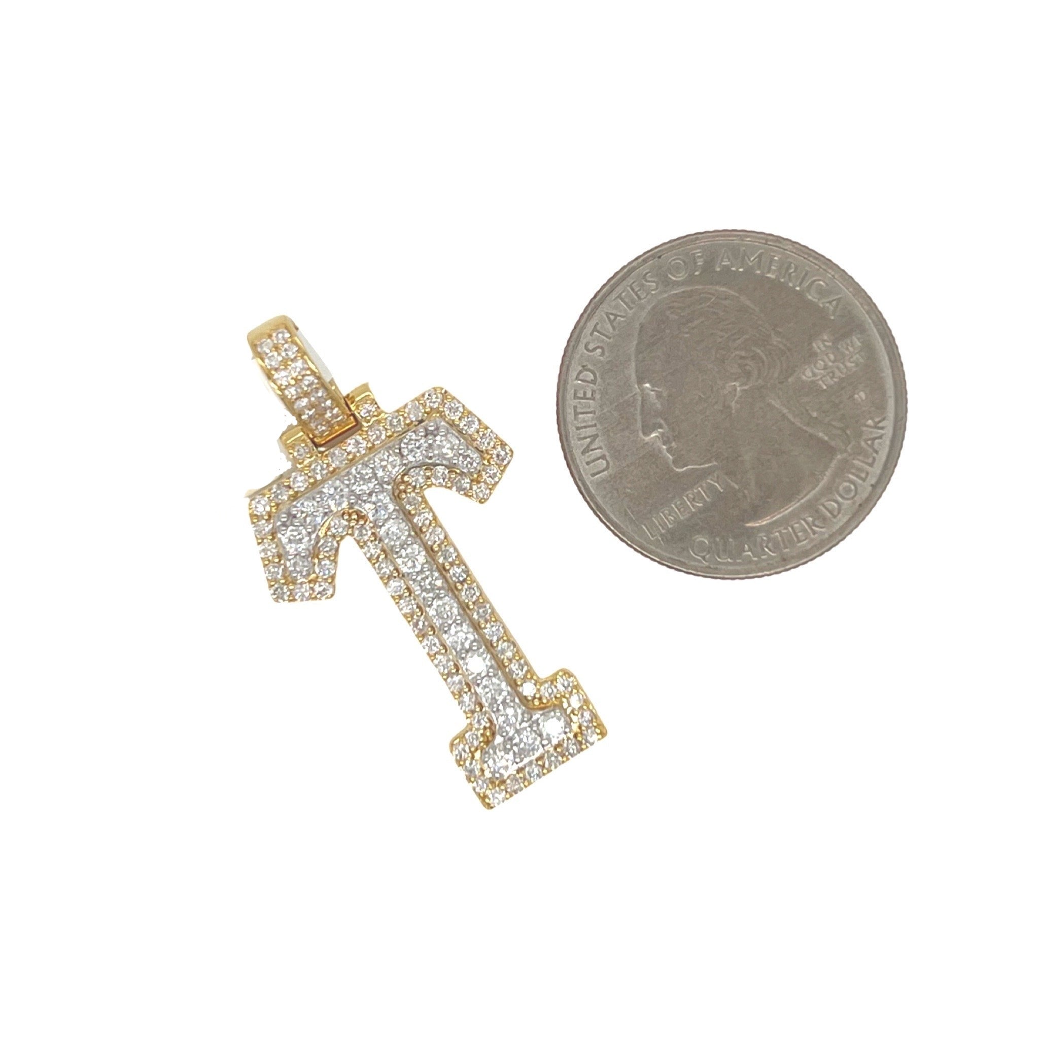 10K Yellow White Gold 3D Letter T Initial Diamond Pendant 1.47 CT 1.5"
