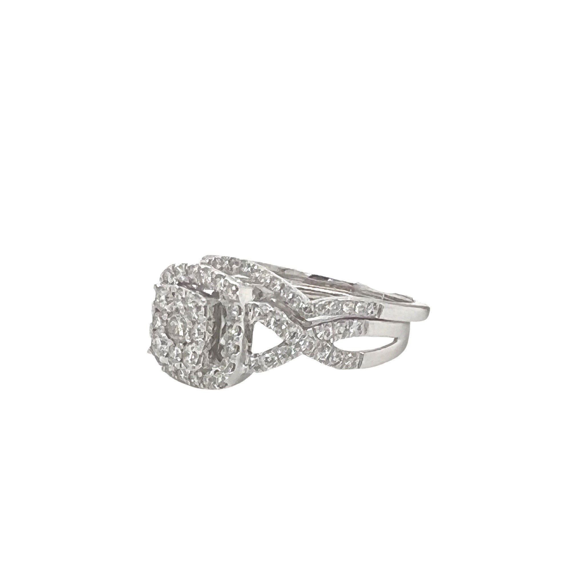 Ladies 14K White Gold Twisted Halo Diamond Bridal Set 1.0 CT