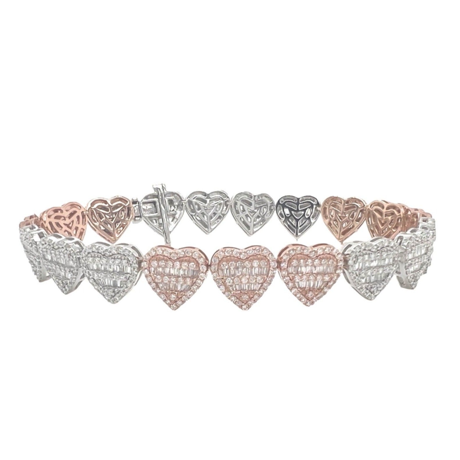 10K Two-Tone Gold 11.5MM Heart Link Baguette Diamond Bracelet 6.88 CT 8.5"