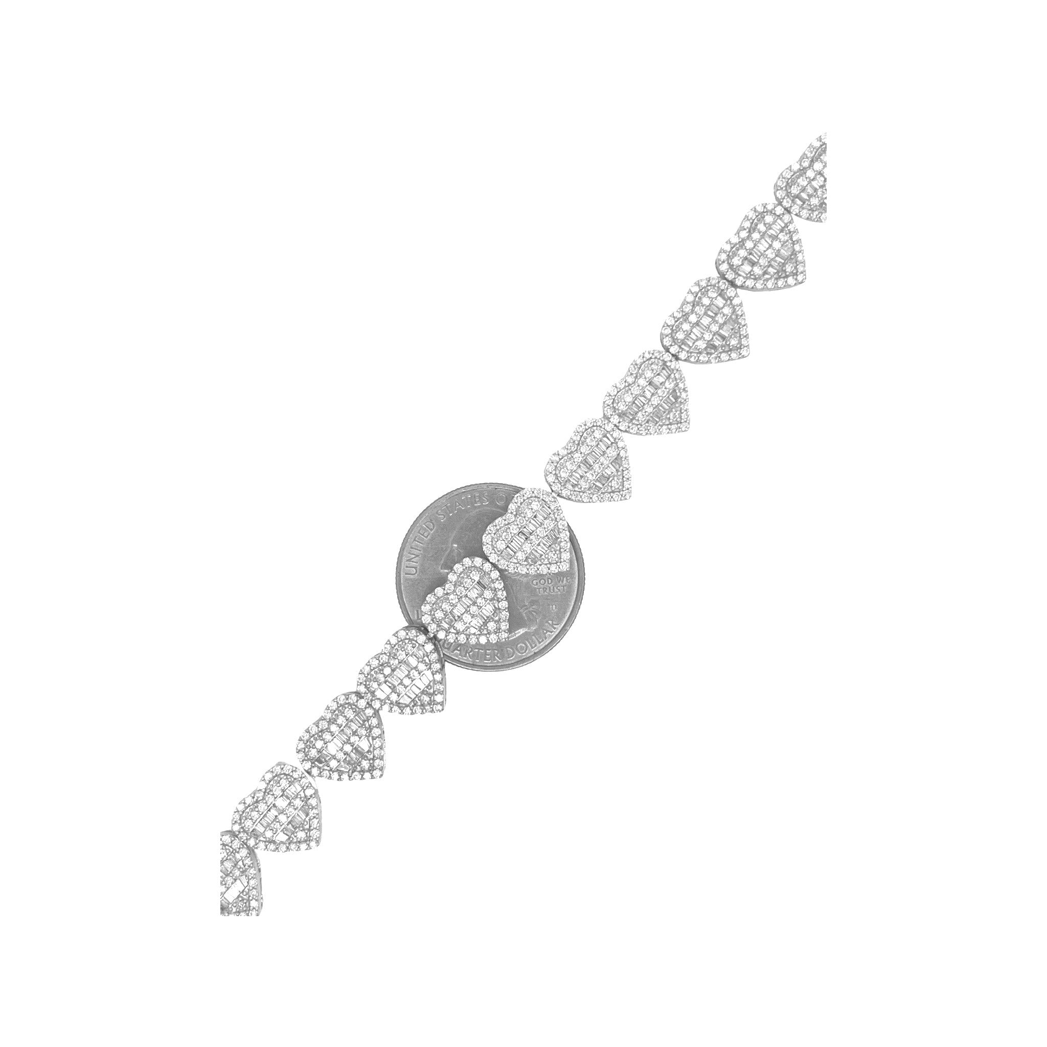 10K White Gold 11.5MM Heart Link Baguette Diamond Bracelet 7.15 CT 8.5"