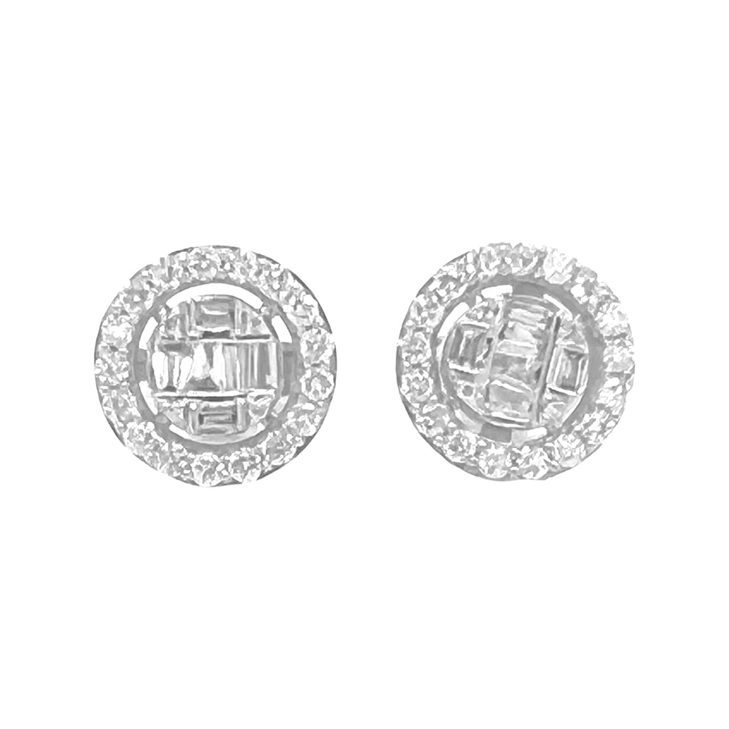 10K White Gold Round Baguette Diamond Earrings 0.70 CT 9.8MM