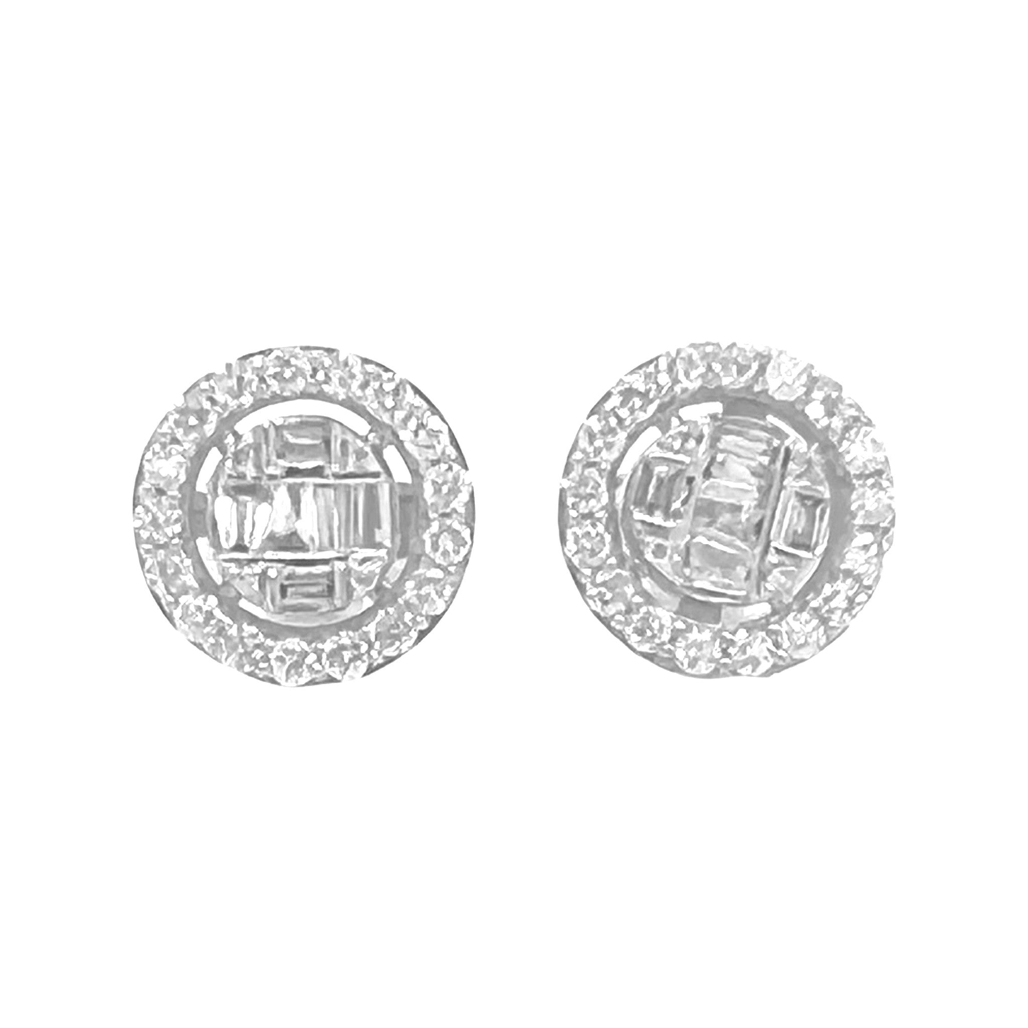 10K White Gold Round Baguette Diamond Earrings 0.70 CT 9.8MM