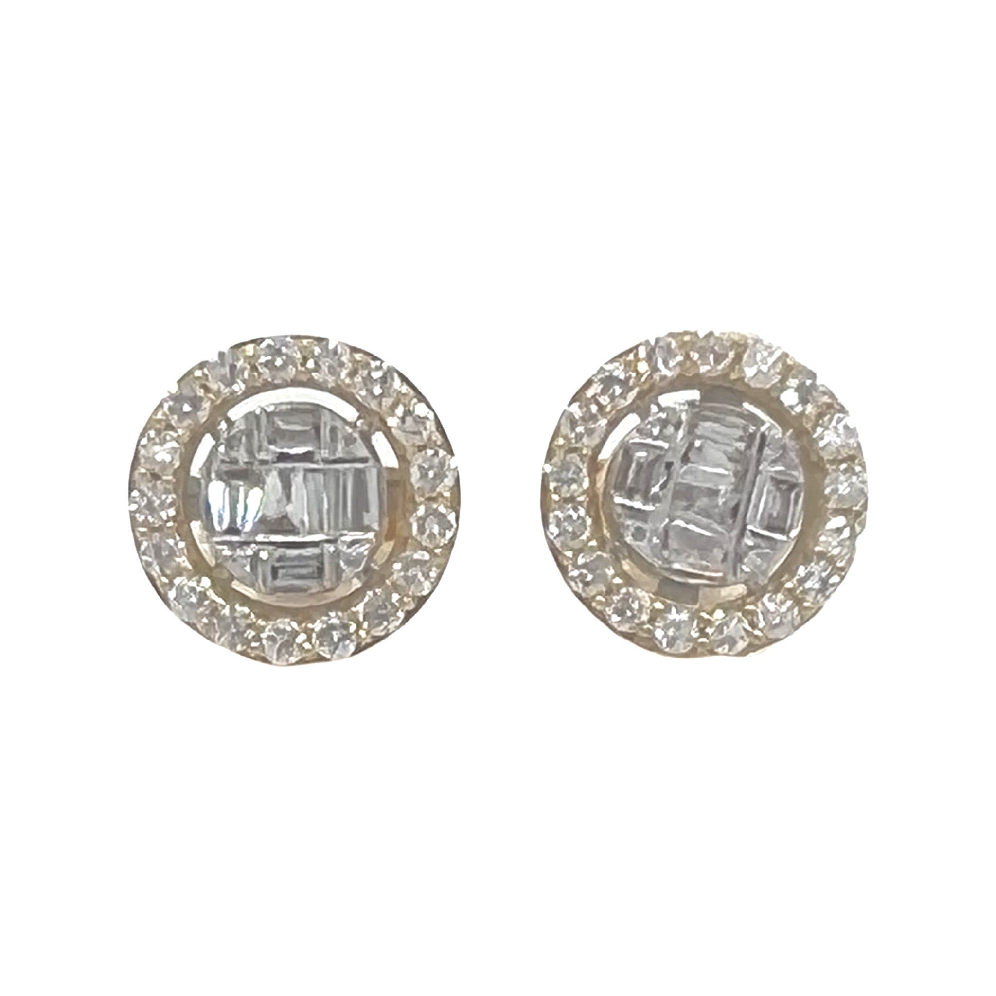 10K Yellow Gold Round Baguette Diamond Earrings 0.64 CT 9.8MM