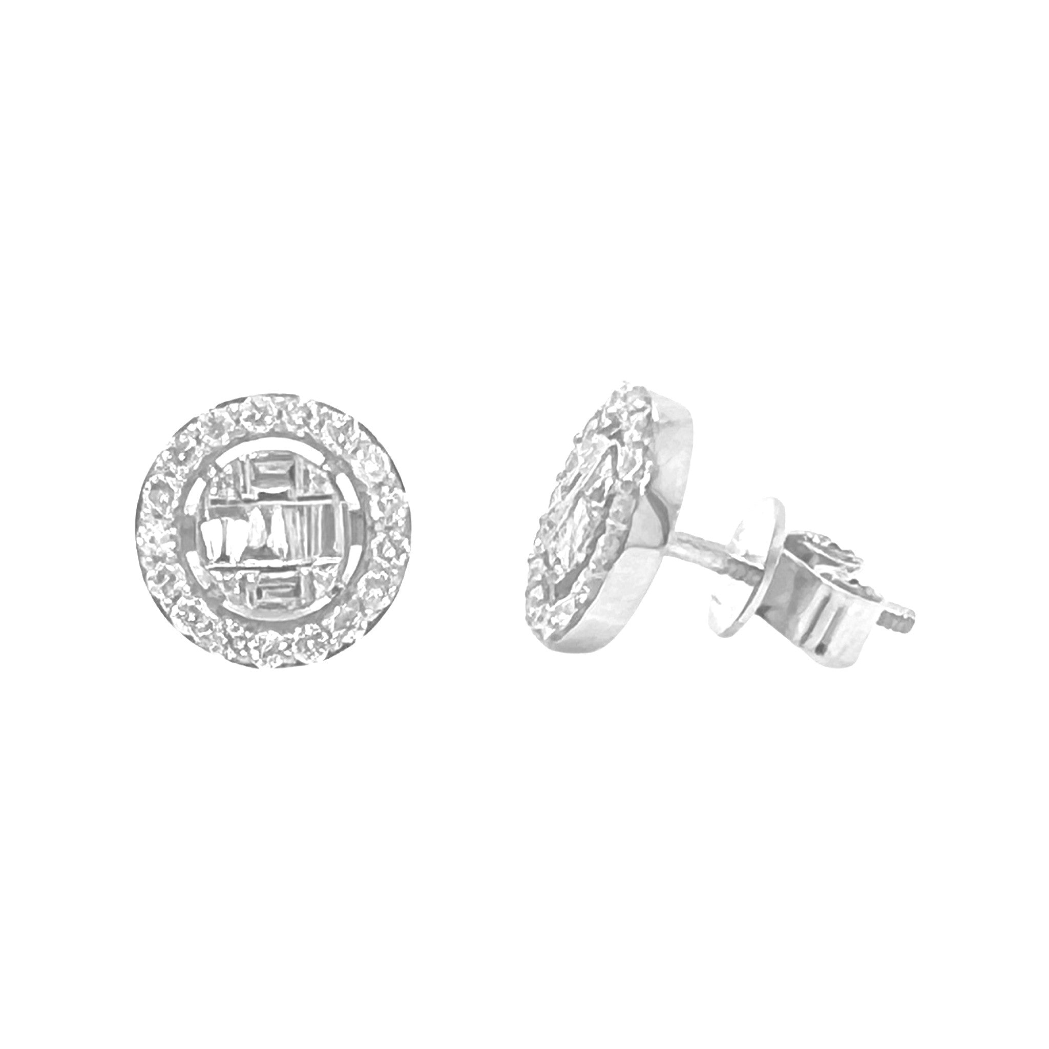 10K White Gold Round Baguette Diamond Earrings 0.70 CT 9.8MM