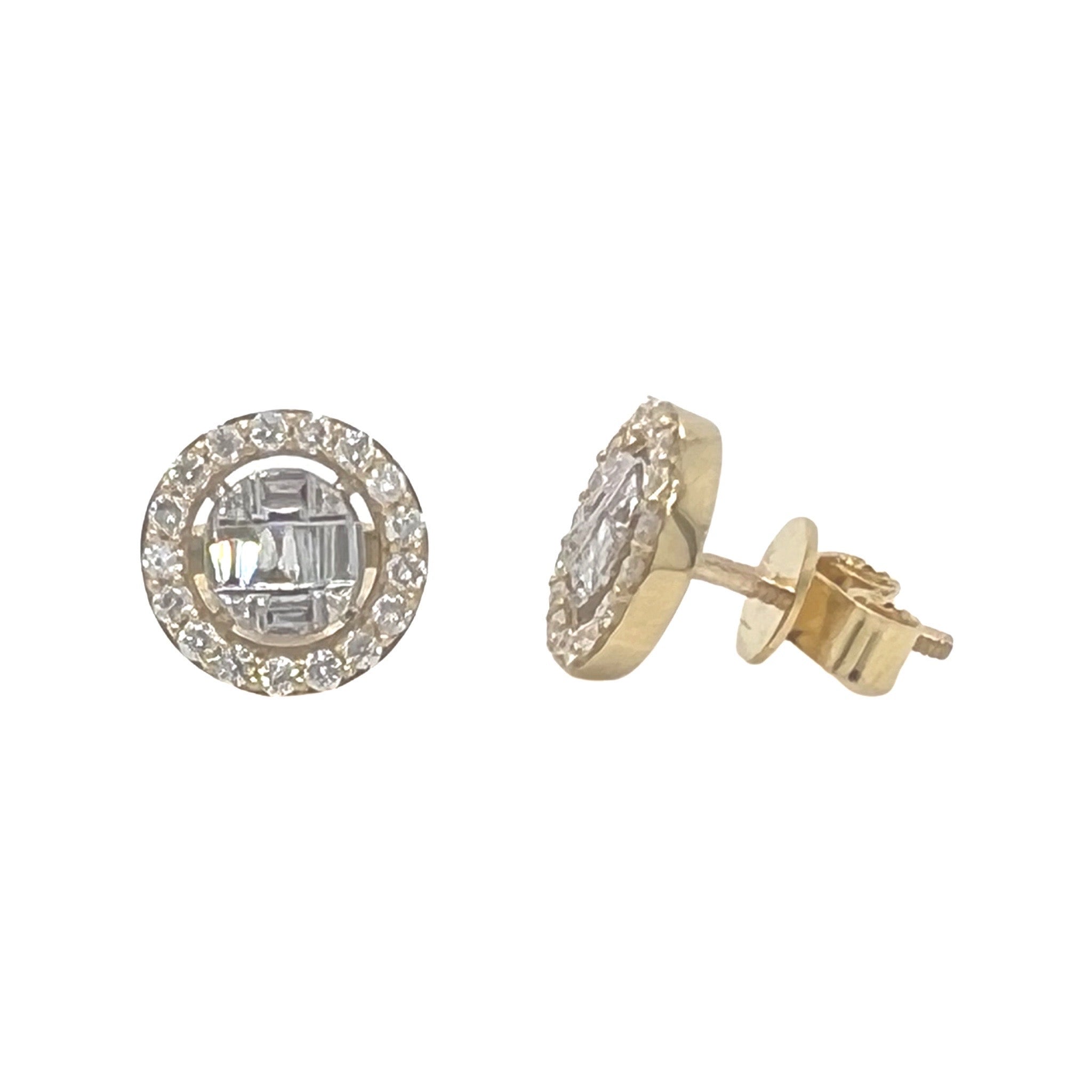 10K Yellow Gold Round Baguette Diamond Earrings 0.64 CT 9.8MM