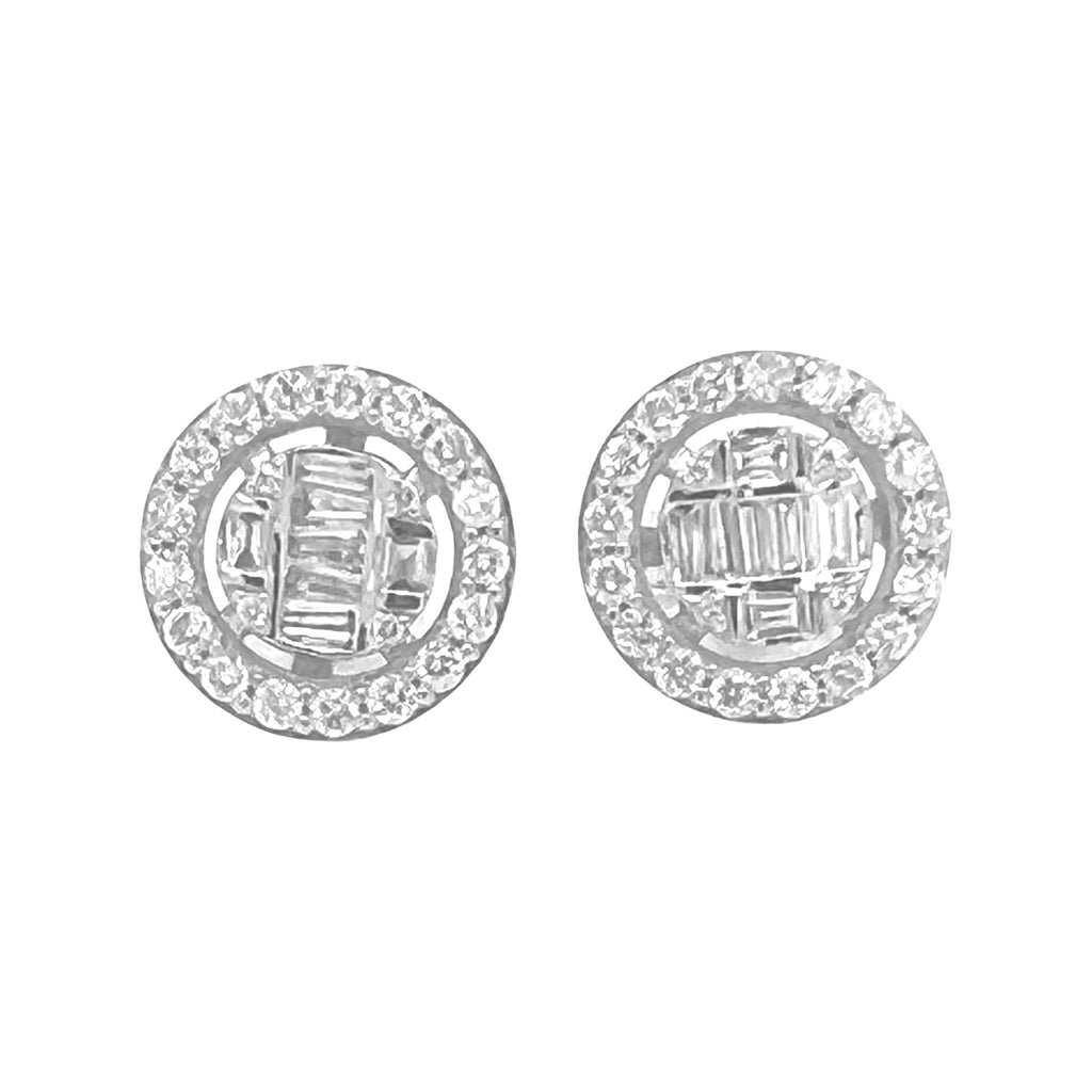 10K White Gold Round Baguette Diamond Earrings 0.94 CT 11.8MM