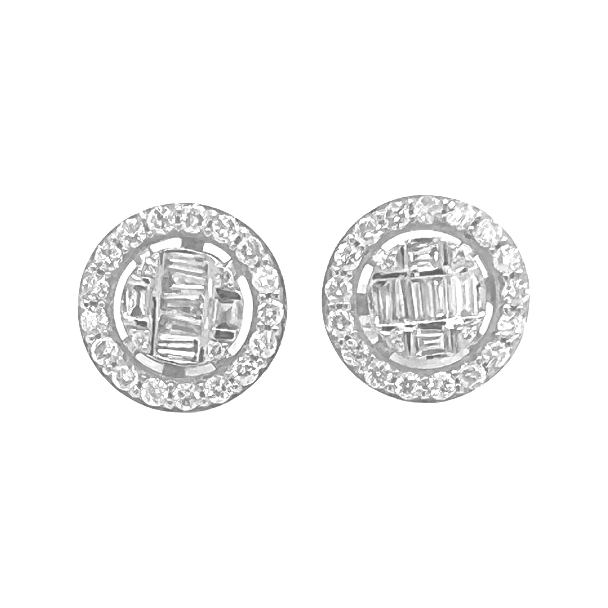 10K White Gold Round Baguette Diamond Earrings 0.94 CT 11.8MM