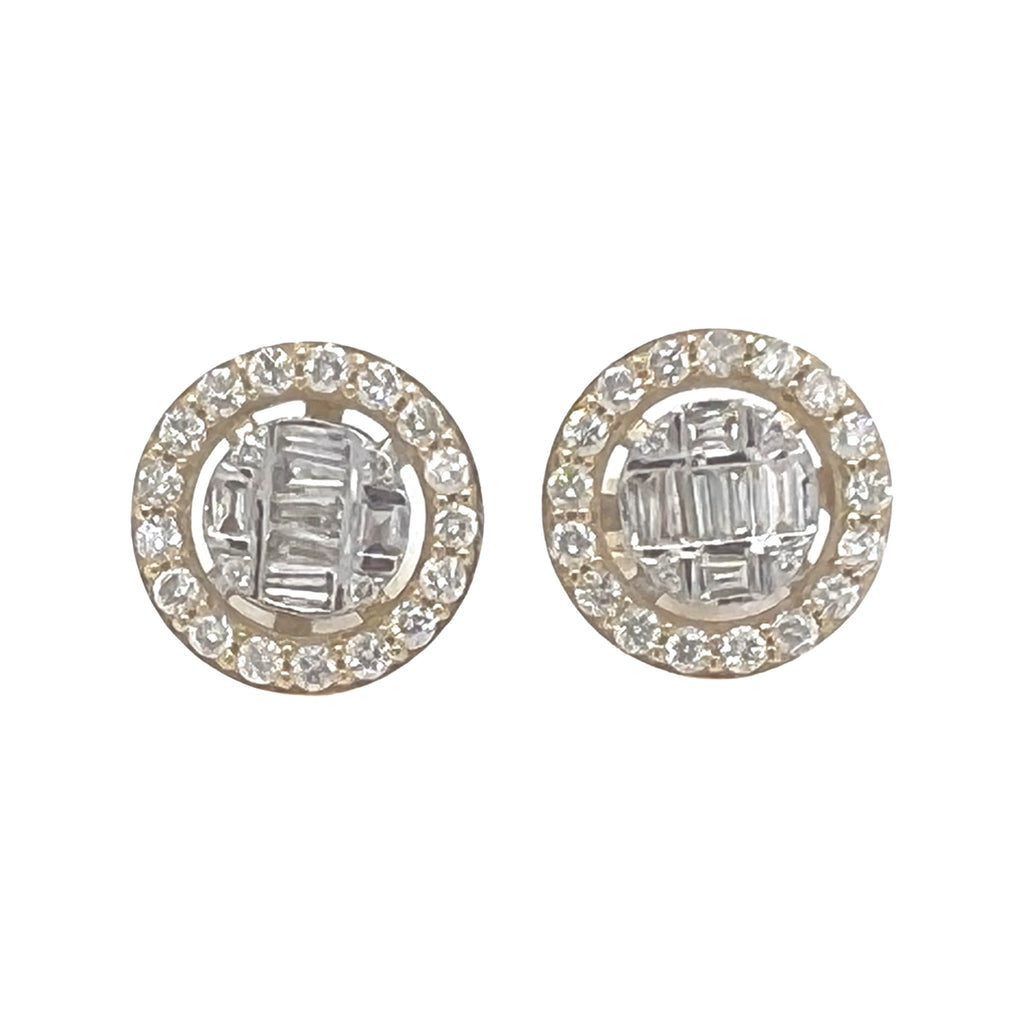 10K Yellow Gold Round Baguette Diamond Earrings 0.92 CT 11.8MM