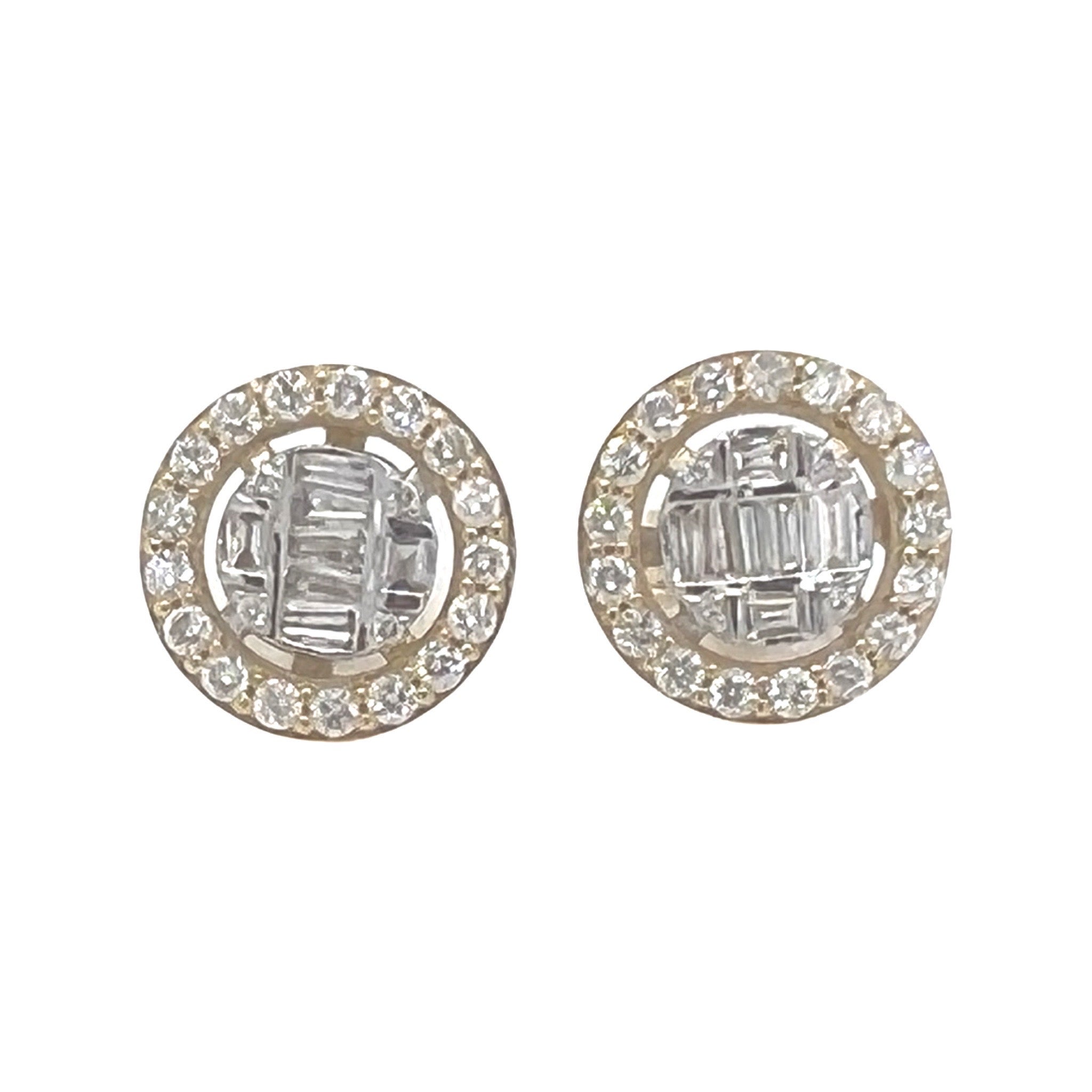 10K Yellow Gold Round Baguette Diamond Earrings 0.92 CT 11.8MM