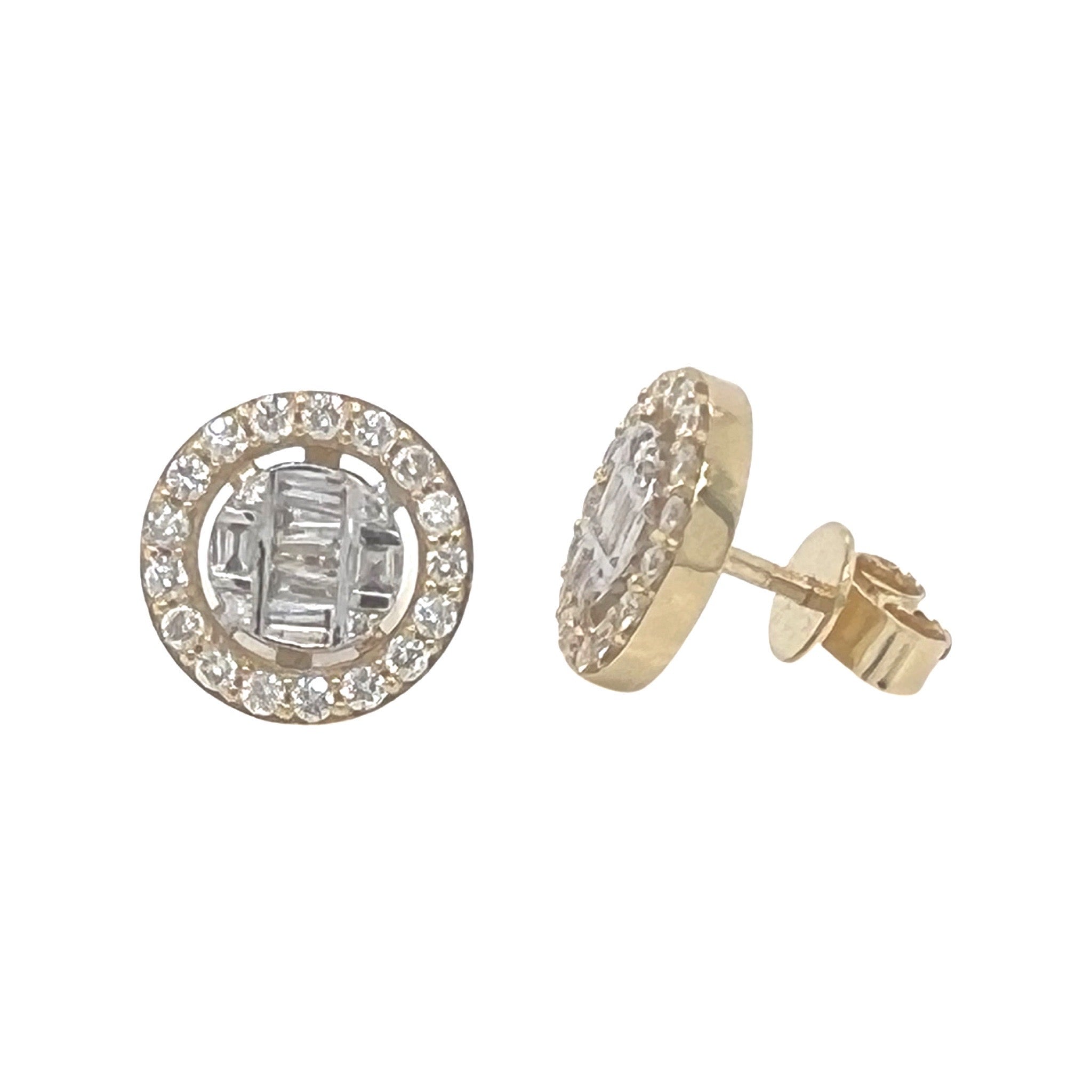 10K Yellow Gold Round Baguette Diamond Earrings 0.92 CT 11.8MM