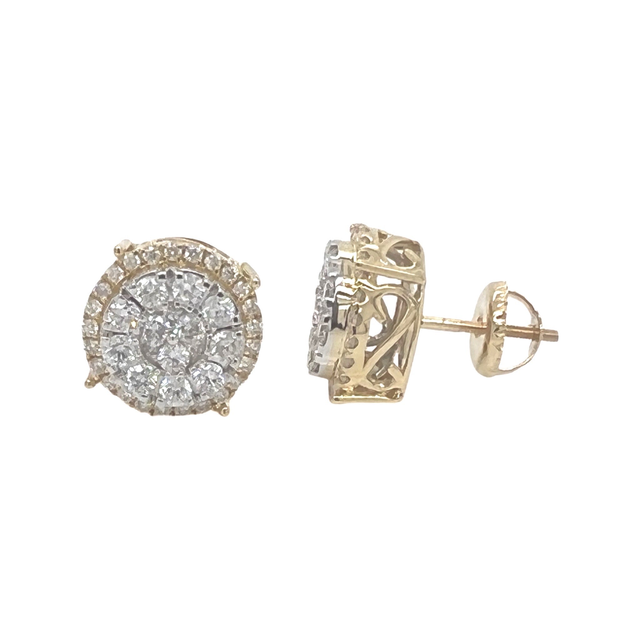 10K Yellow Gold Round 3D Halo Diamond Earrings 1.82 CT 13MM