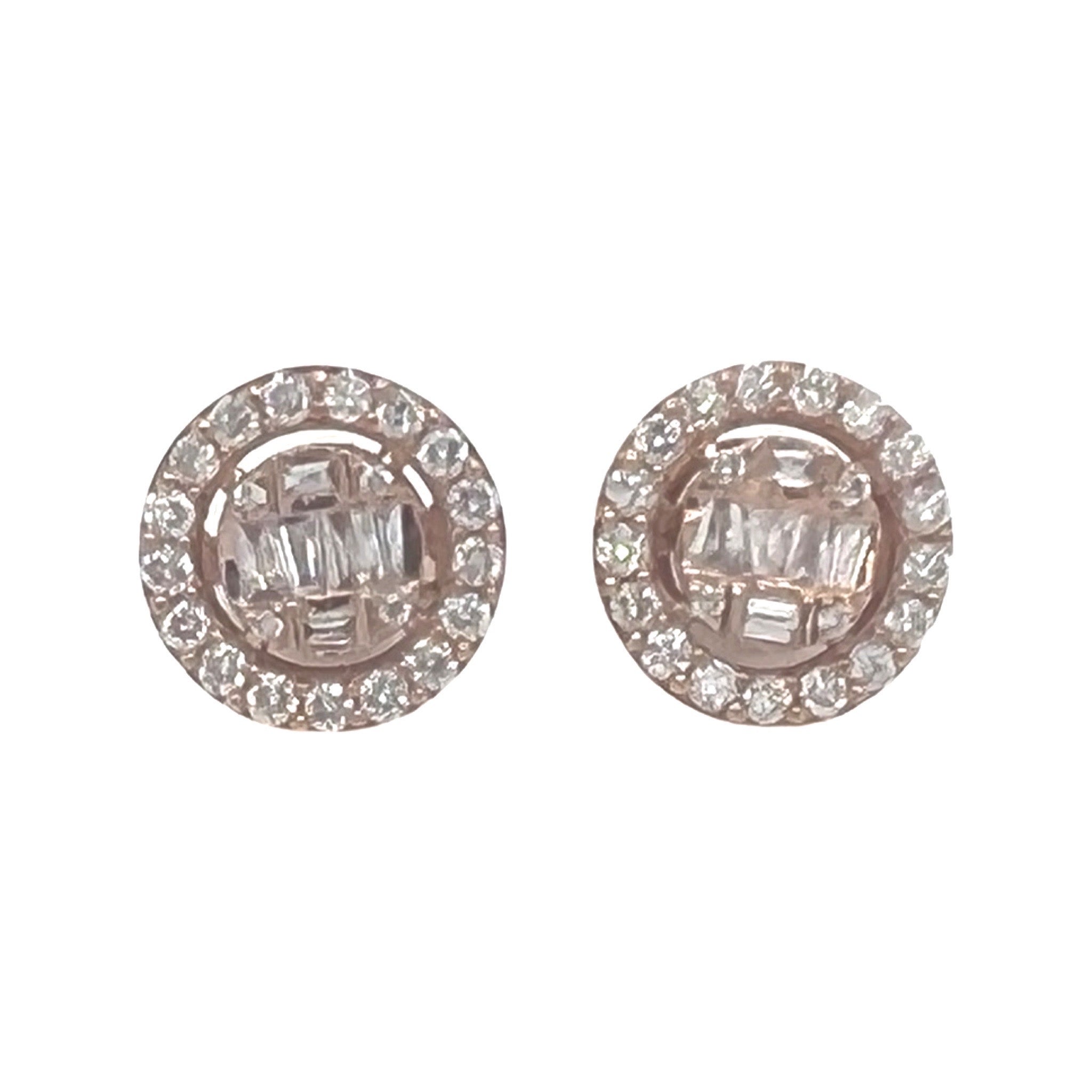 10K Rose Gold Round Baguette Diamond Earrings 0.70 CT 9.8MM