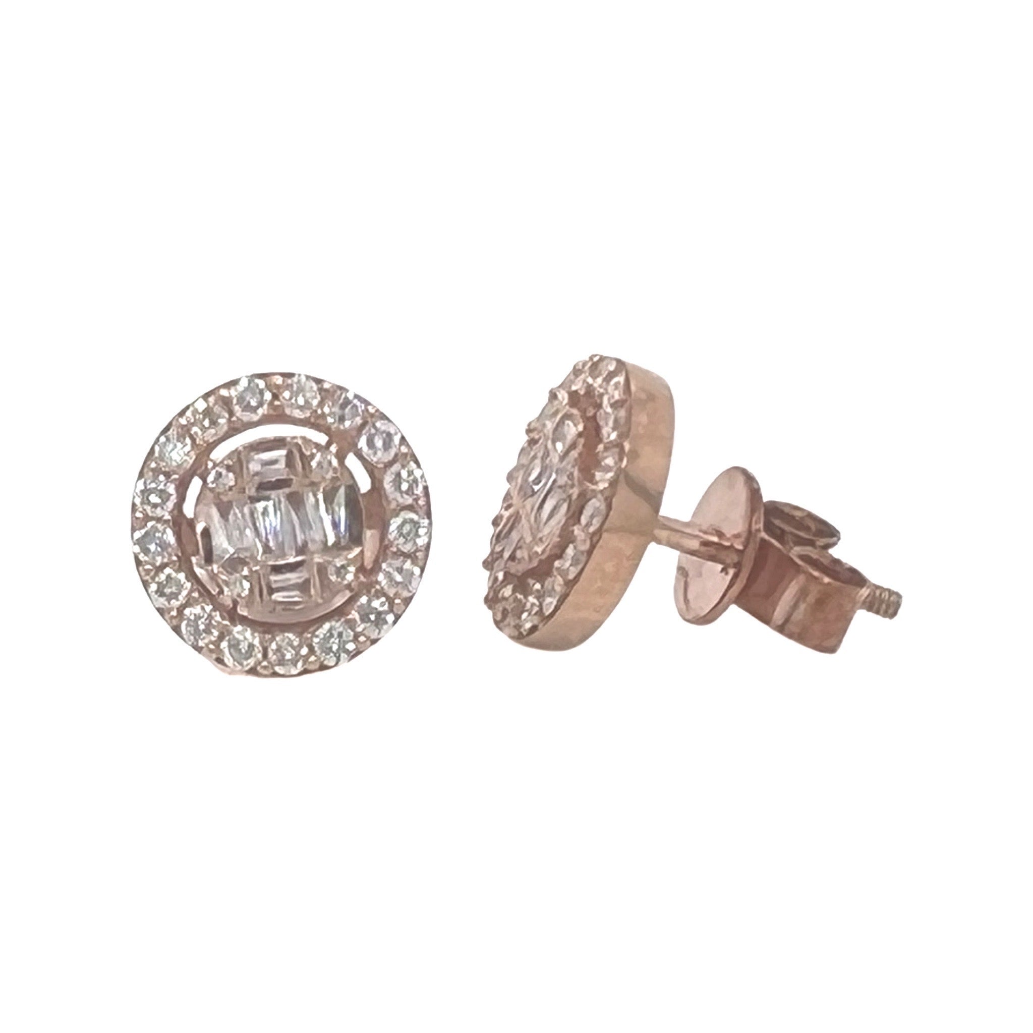 10K Rose Gold Round Baguette Diamond Earrings 0.70 CT 9.8MM