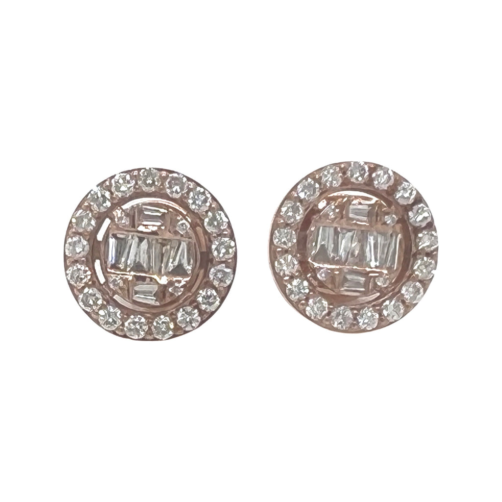 10K Rose Gold Round Baguette Diamond Earrings 0.90 CT 11.8MM