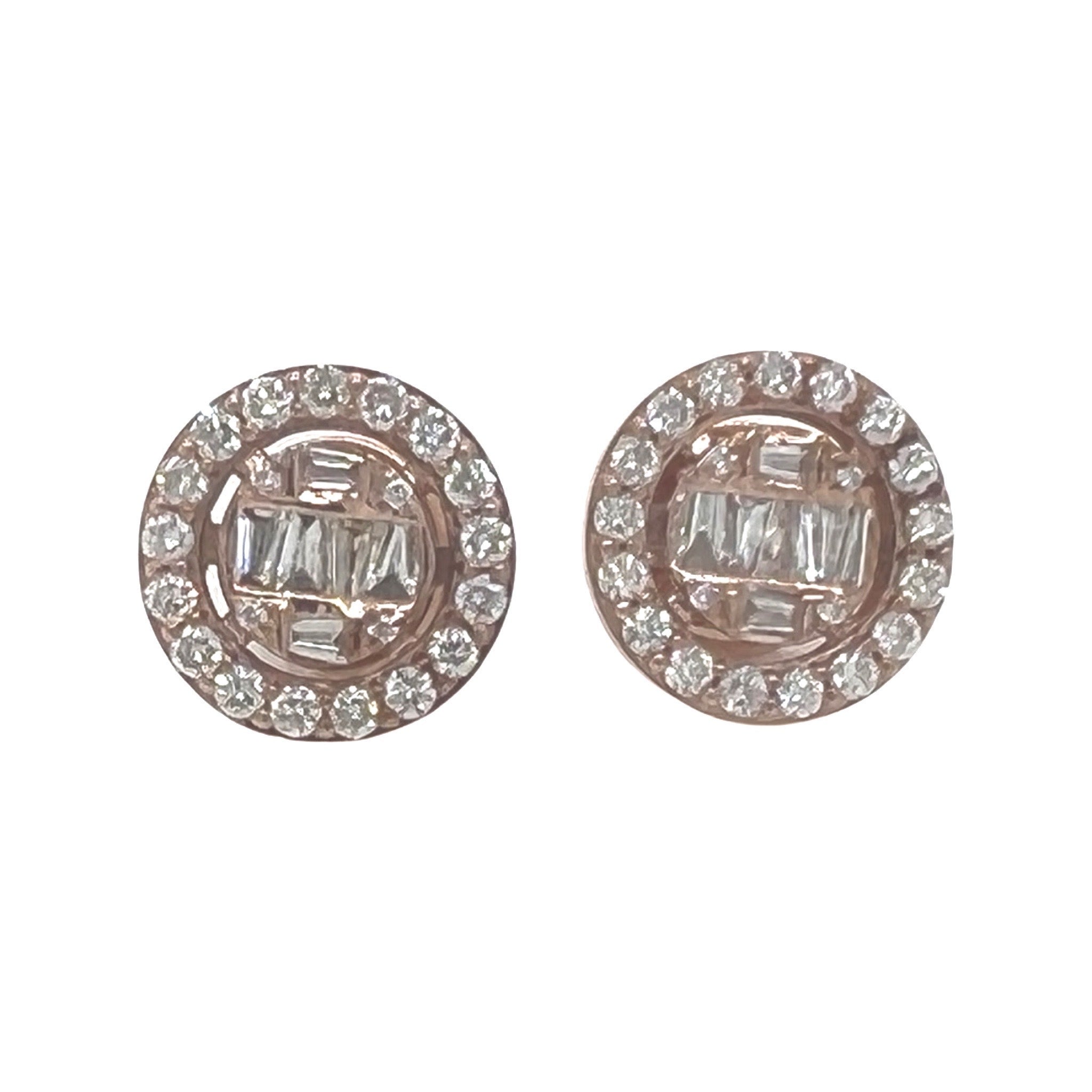 10K Rose Gold Round Baguette Diamond Earrings 0.90 CT 11.8MM