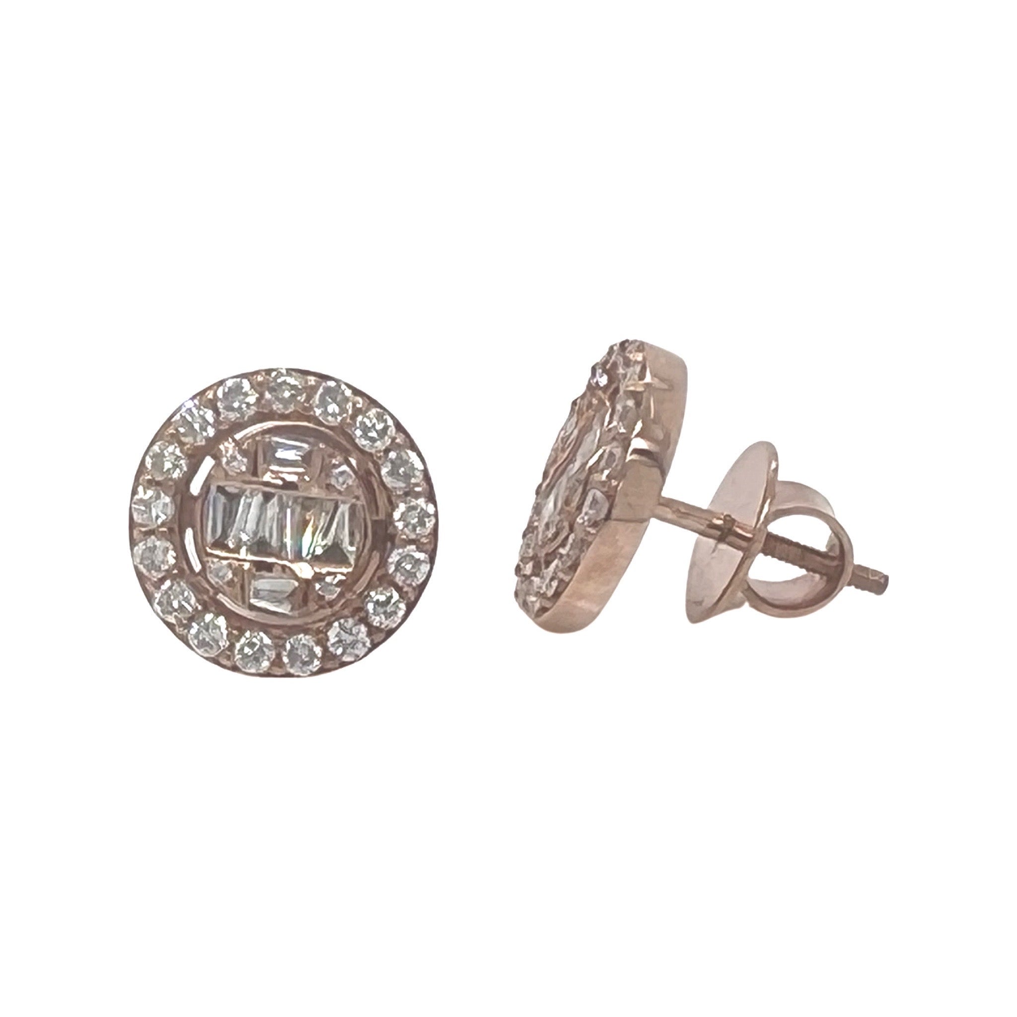 10K Rose Gold Round Baguette Diamond Earrings 0.90 CT 11.8MM