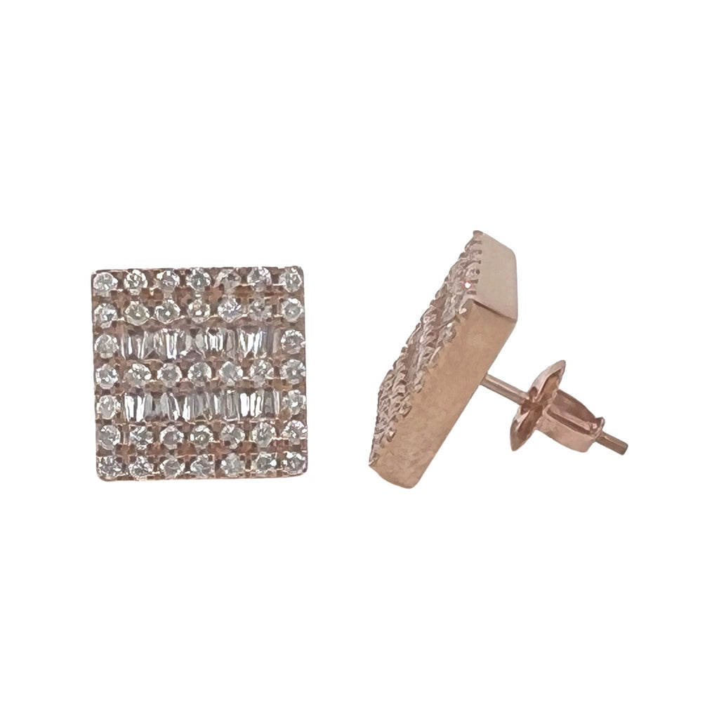 10K Rose Gold Square Shape Baguette Diamond Earrings 0.38 CT 7.5MM