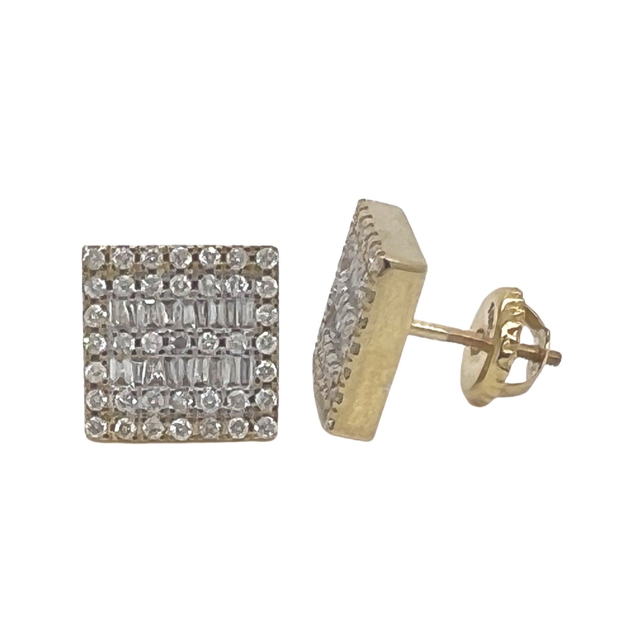 10K Yellow Gold Square Shape Baguette Diamond Earrings 0.44 CT 8MM